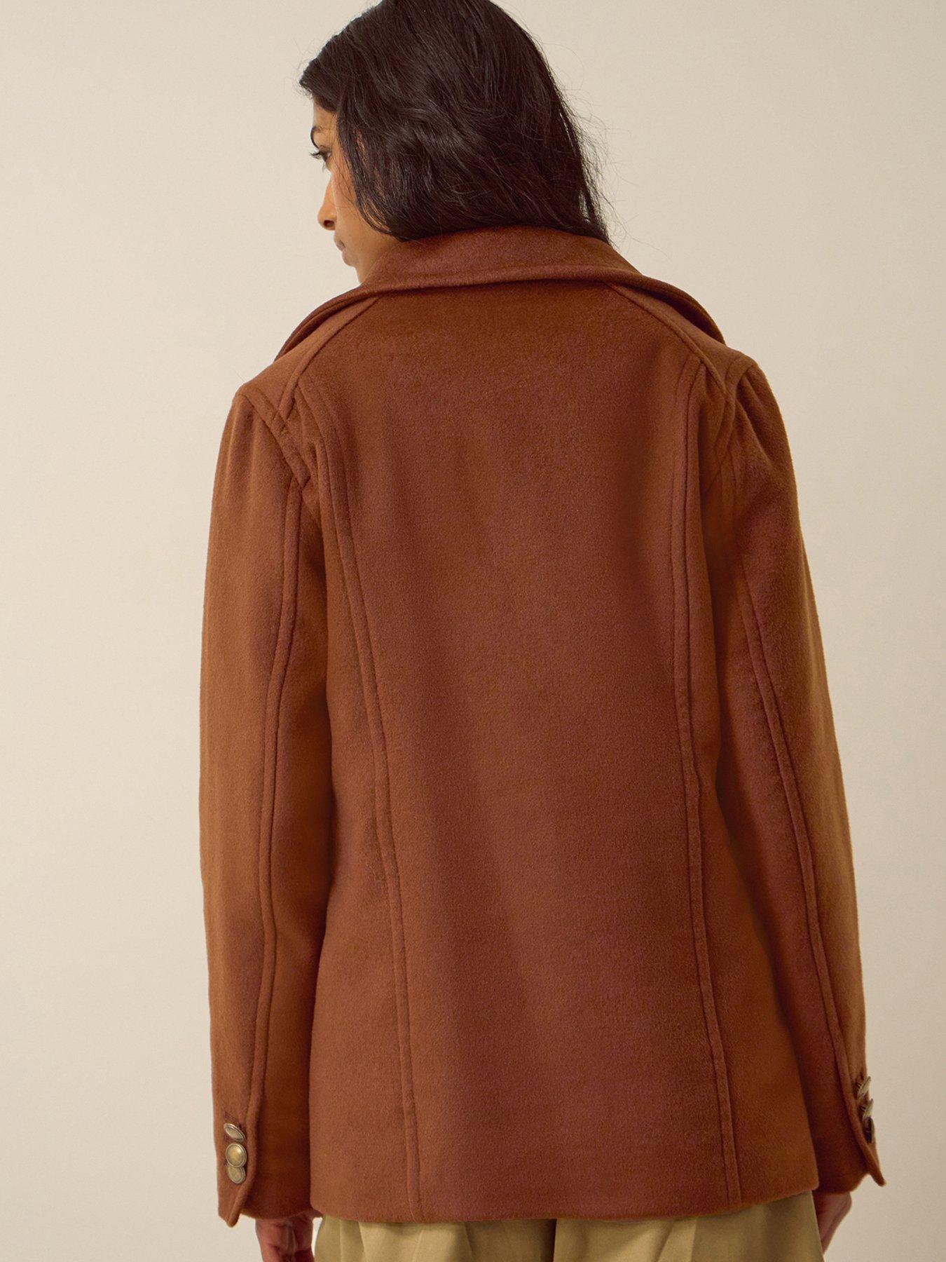 Image 2 of 4 of Monsoon Womens Sabrina Double-Breasted Faux-Fur Collar Pea Coat - Brown