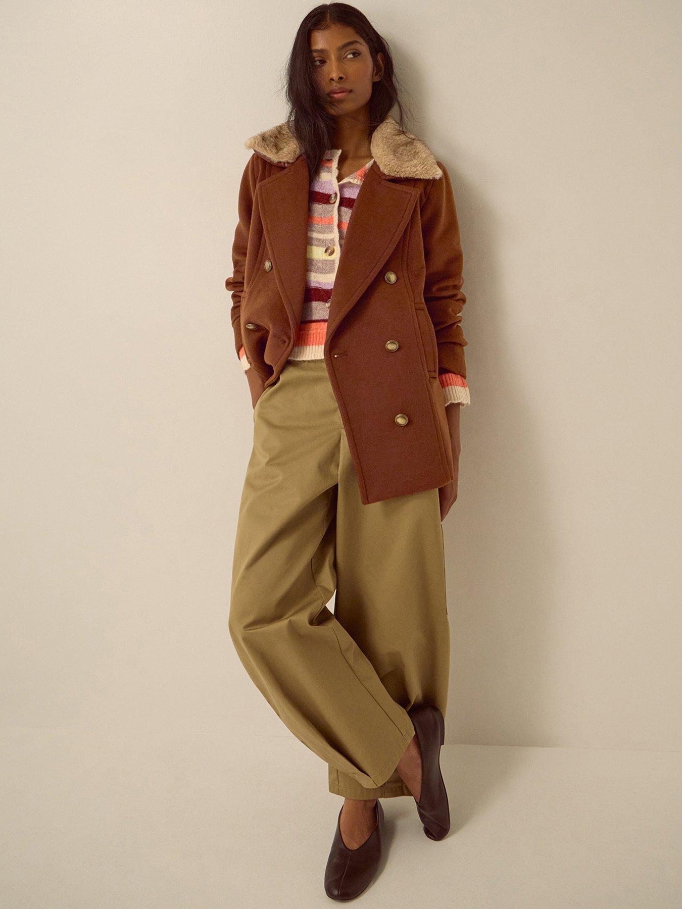 Image 3 of 4 of Monsoon Womens Sabrina Double-Breasted Faux-Fur Collar Pea Coat - Brown