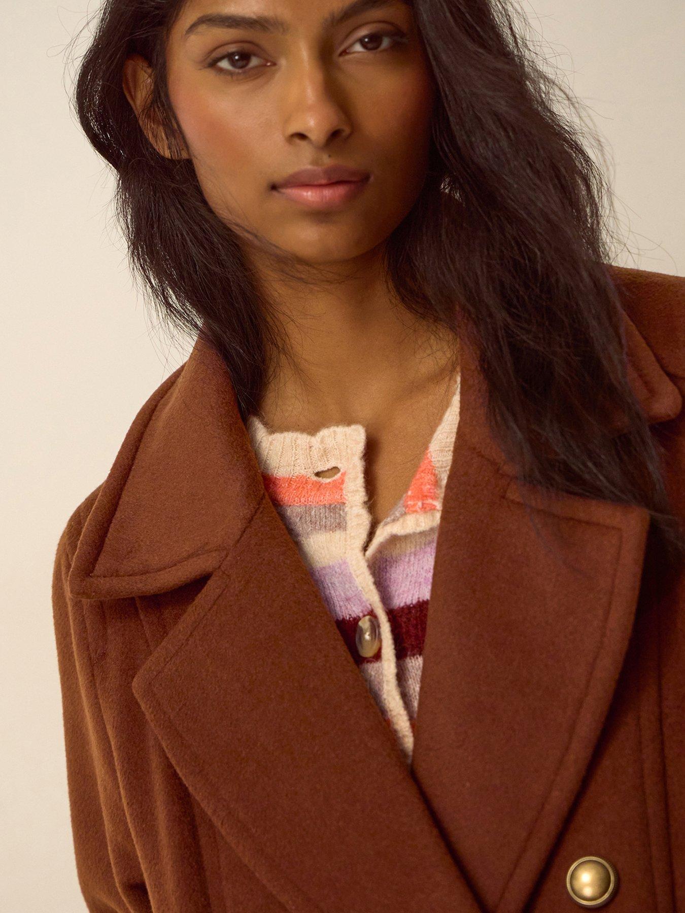 Image 4 of 4 of Monsoon Womens Sabrina Double-Breasted Faux-Fur Collar Pea Coat - Brown