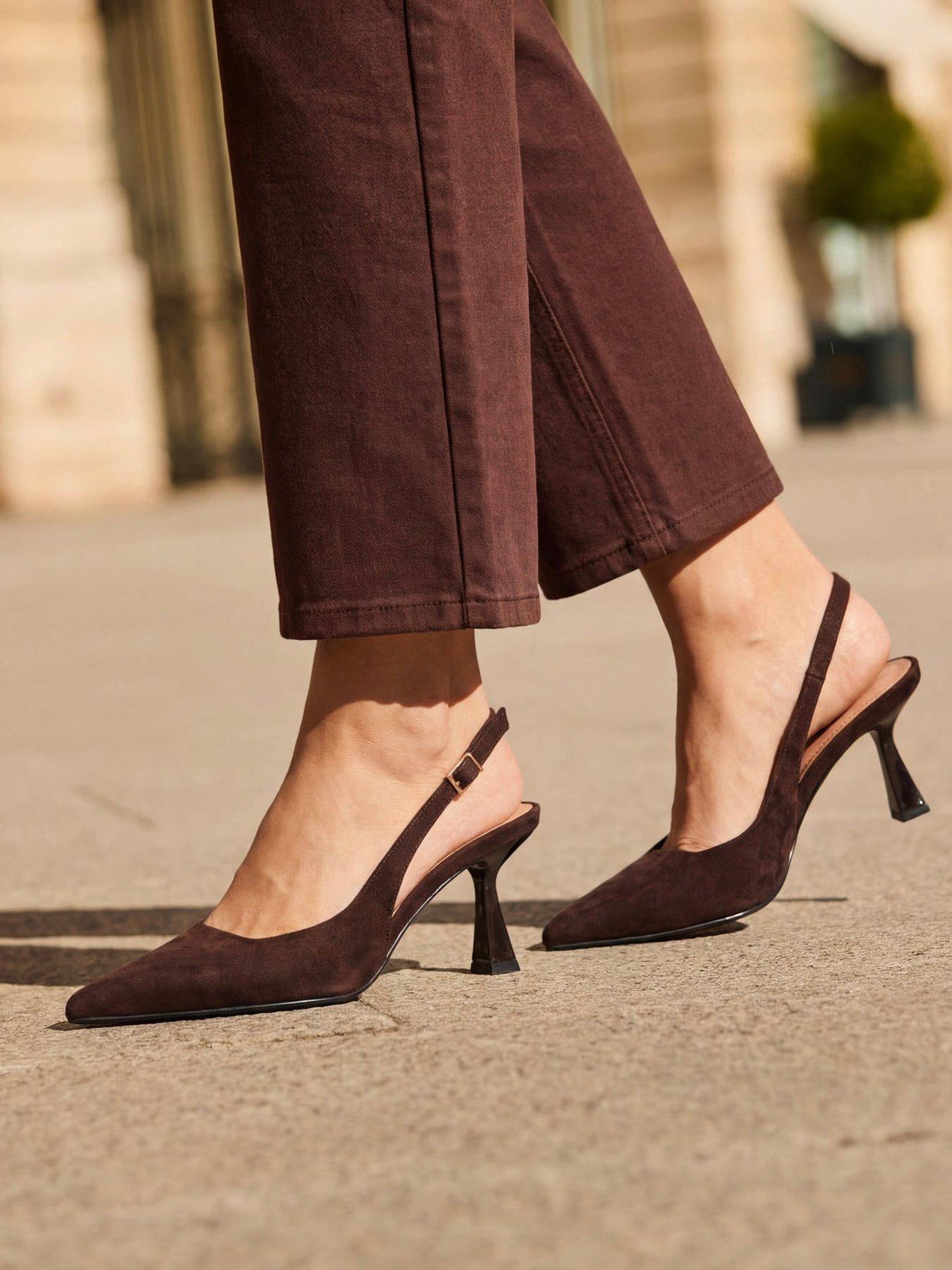 Sosandar Faux Suede Kitten Heel Slingback Court Shoes - Chocolate Brown