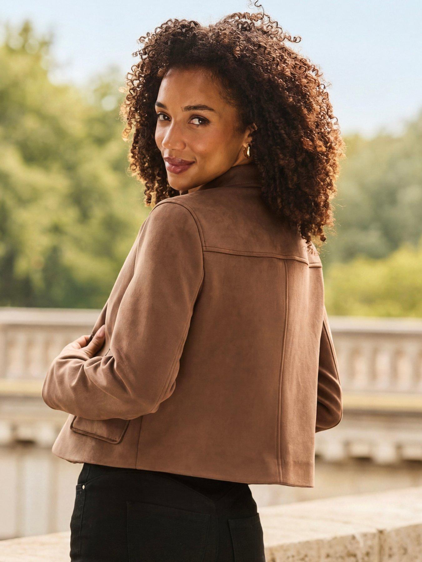Image 2 of 6 of Sosandar Taupe Faux Suede Button Front Jacket - Brown