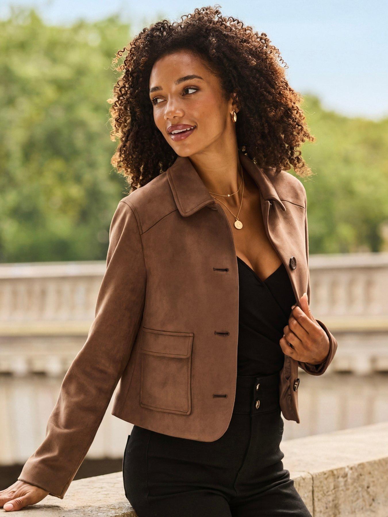 Image 4 of 6 of Sosandar Taupe Faux Suede Button Front Jacket - Brown