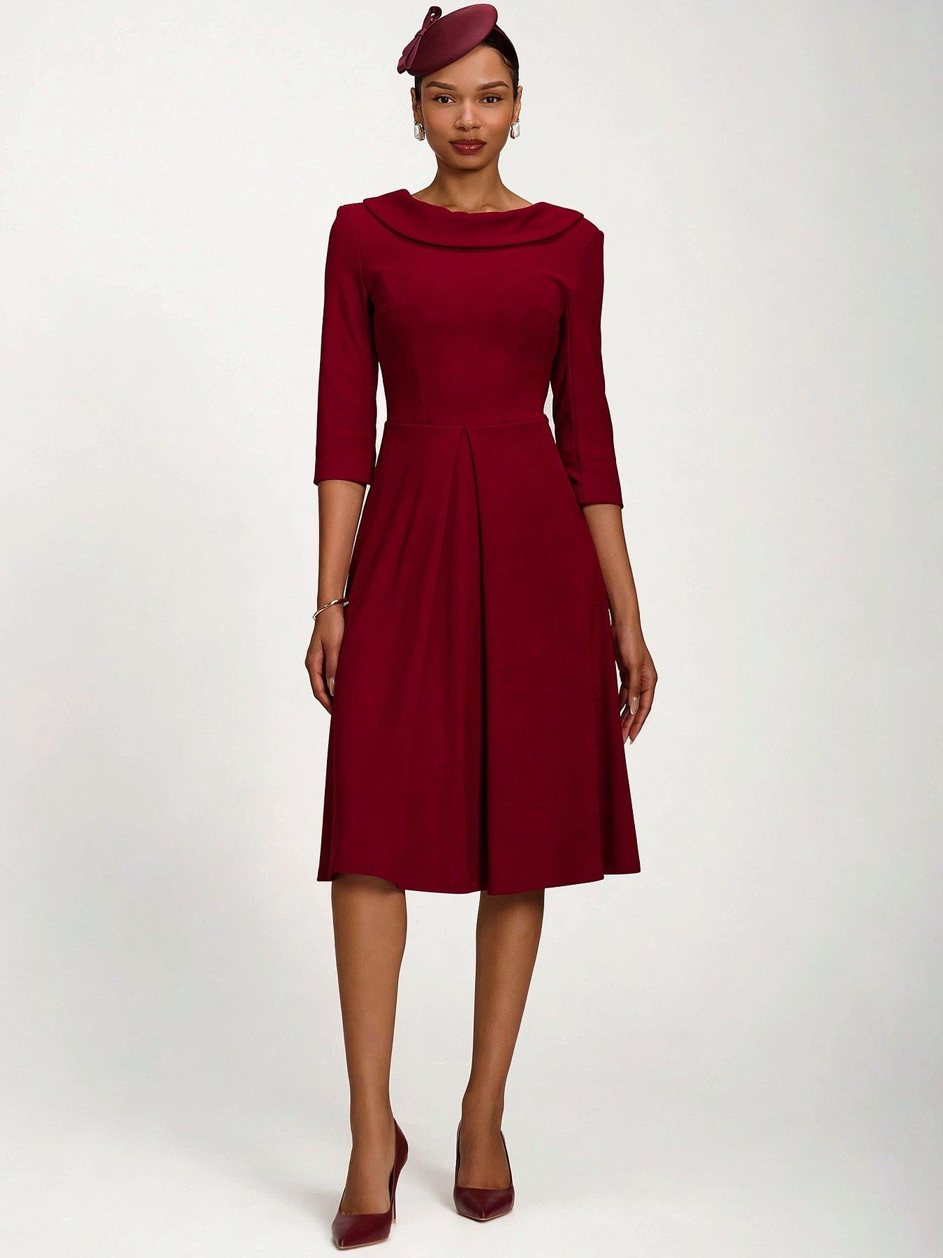 Jolie Moi Women's Roll Neck Three Quarter Sleeve Midi Dress - Red