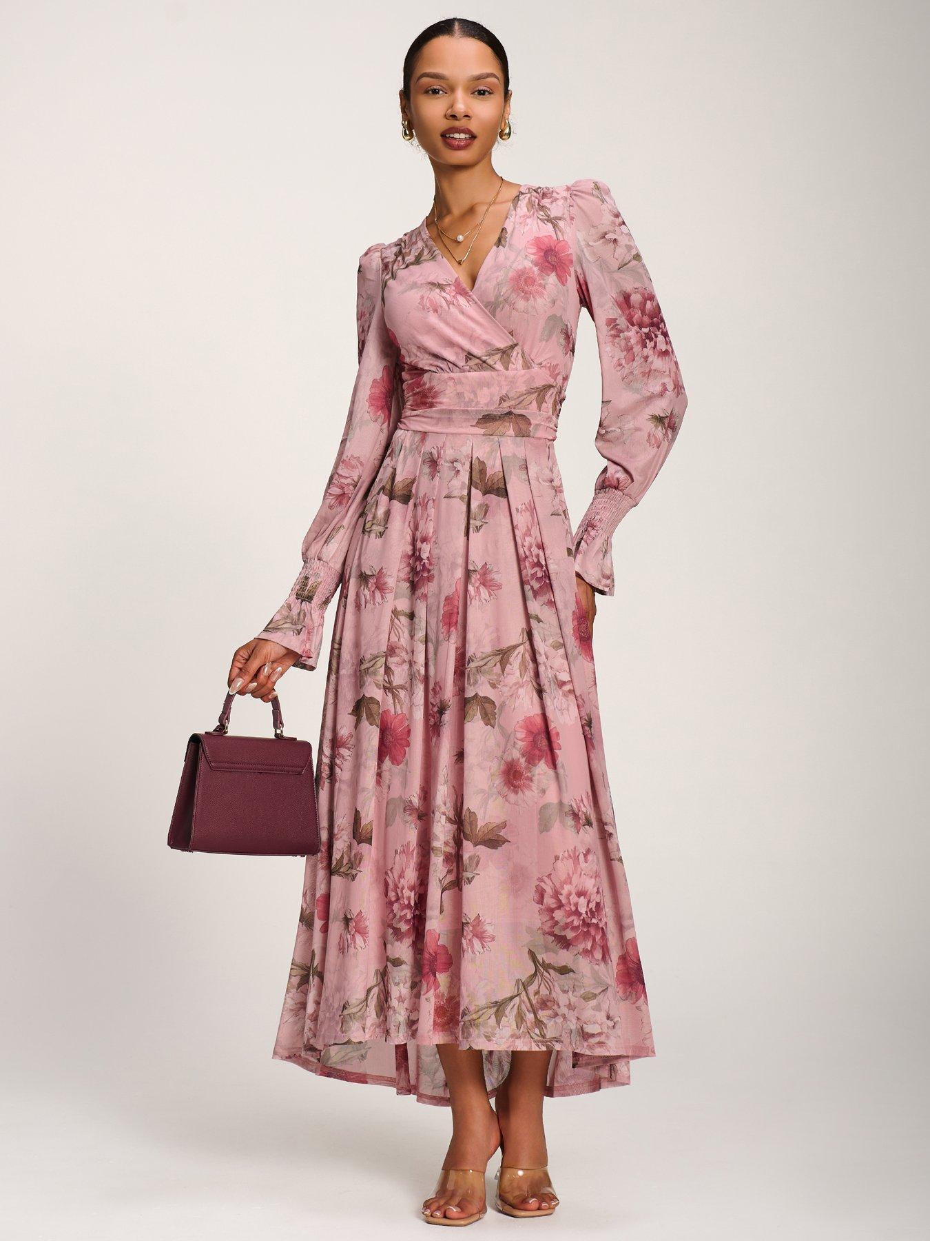 Jolie Moi Long Sleeve V Neck Mesh Maxi Dress - Pink