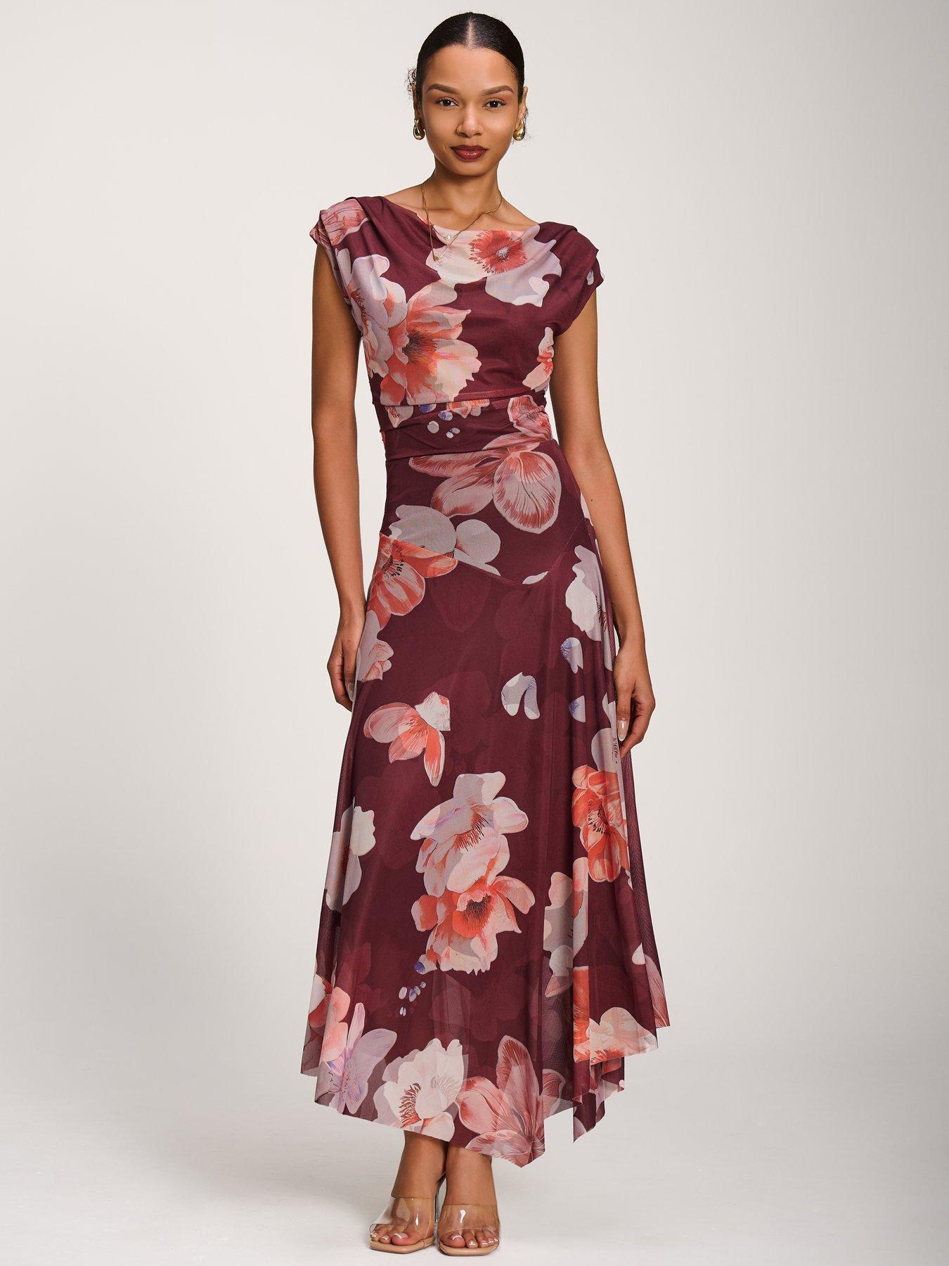 Jolie Moi Asymmetrical Draped Mesh Maxi Dress - Red