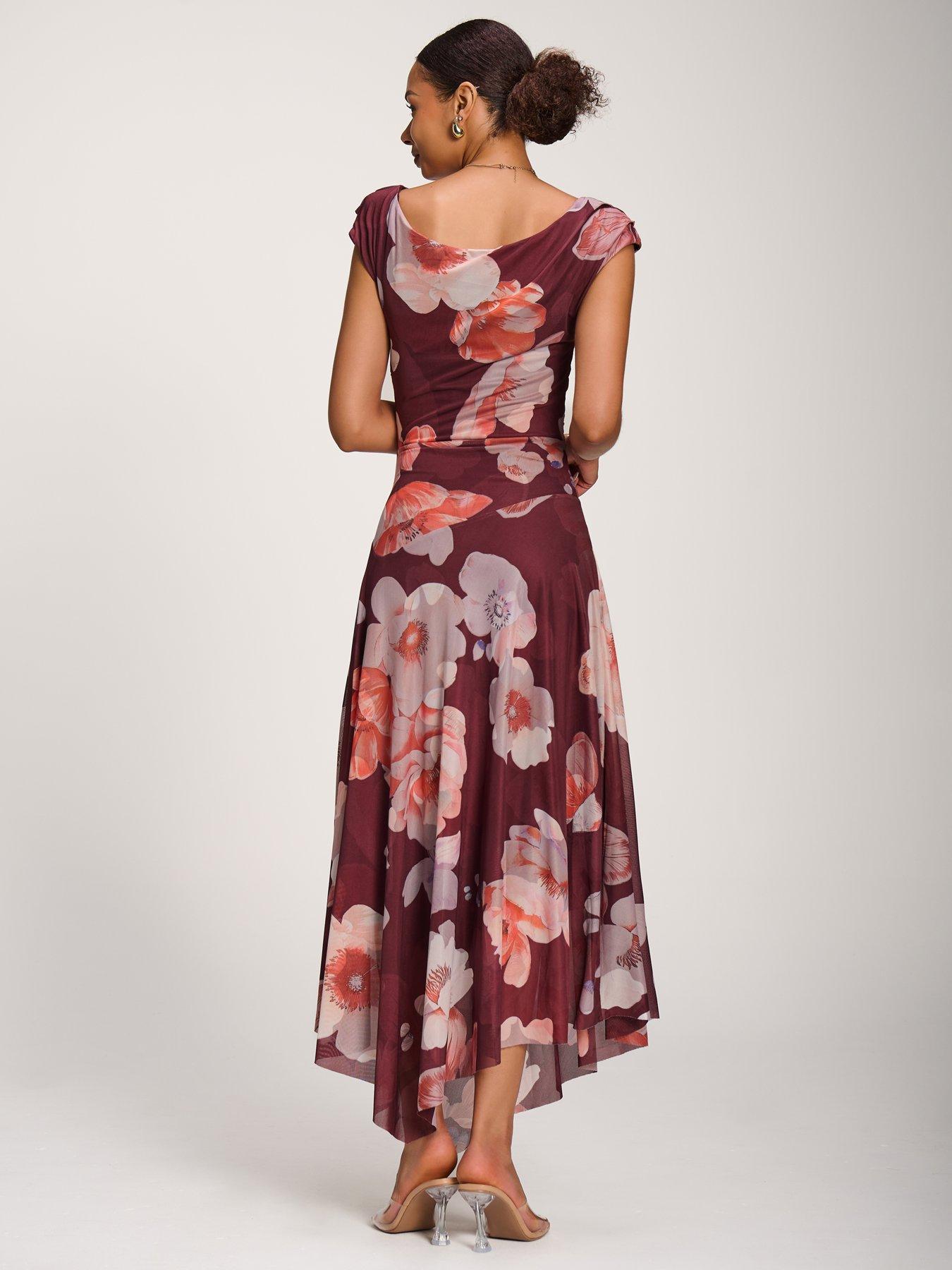Image 2 of 7 of Jolie Moi Asymmetrical Draped Mesh Maxi Dress - Red