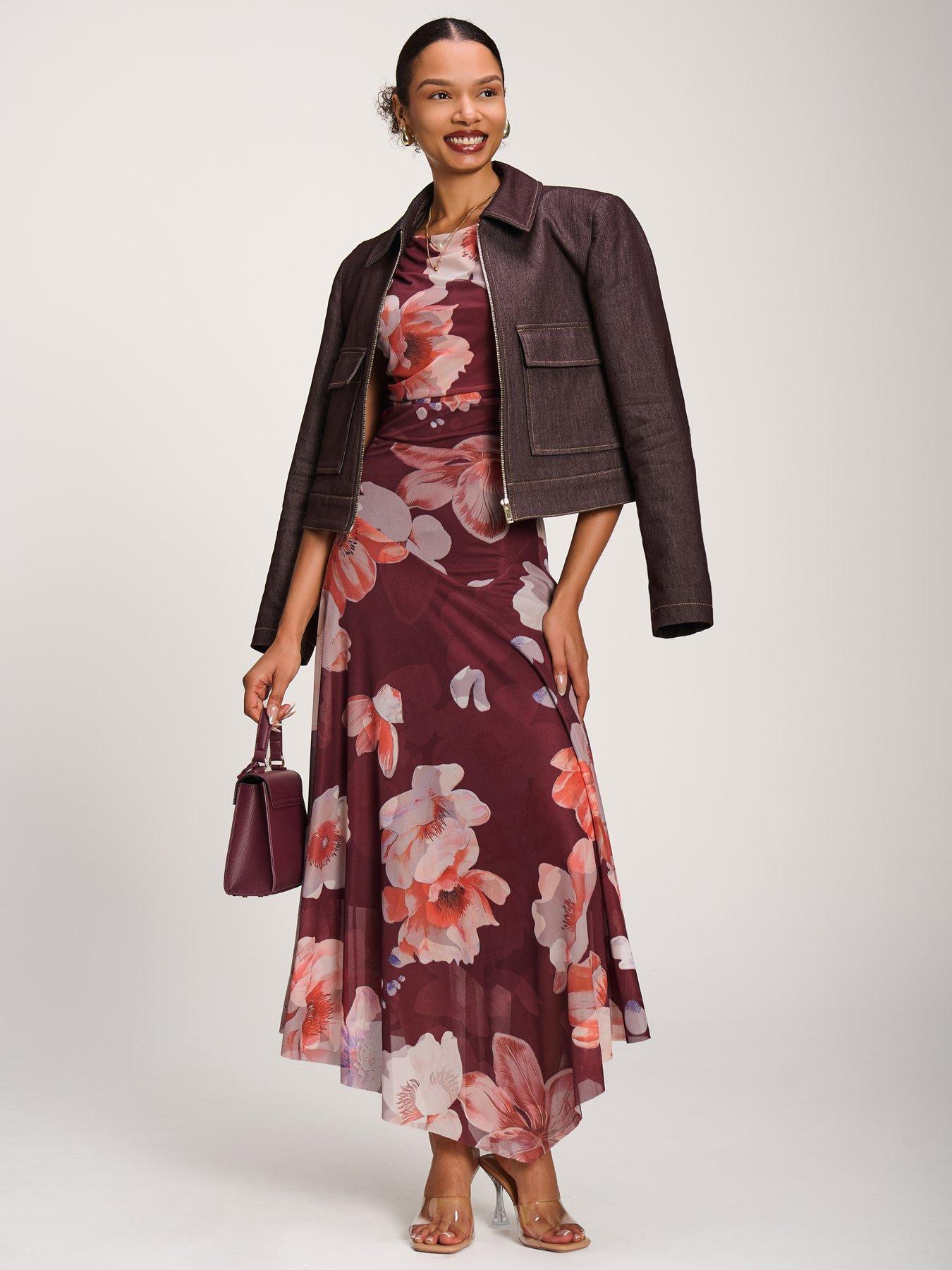 Image 3 of 7 of Jolie Moi Asymmetrical Draped Mesh Maxi Dress - Red