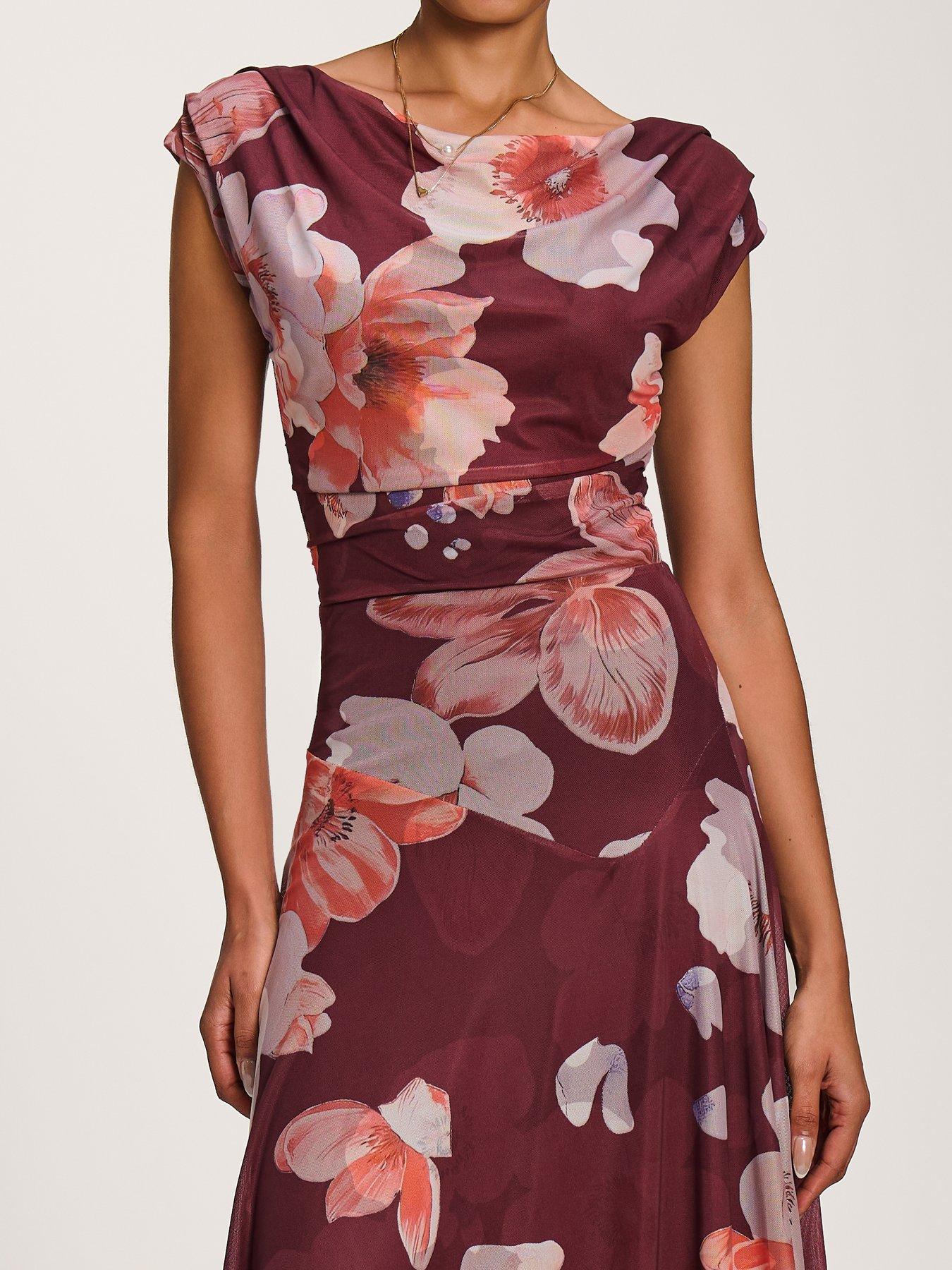 Image 4 of 7 of Jolie Moi Asymmetrical Draped Mesh Maxi Dress - Red