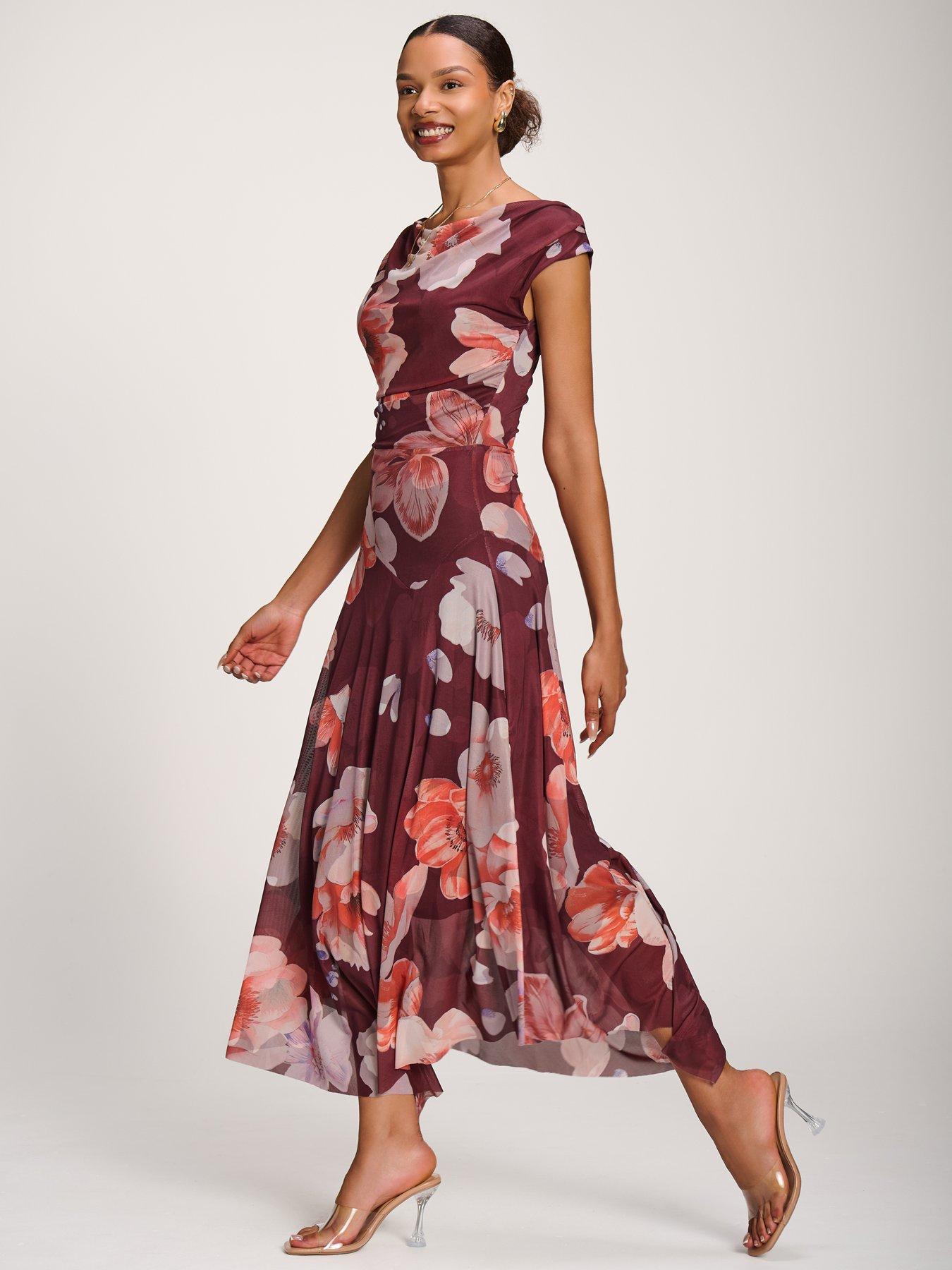 Image 5 of 7 of Jolie Moi Asymmetrical Draped Mesh Maxi Dress - Red