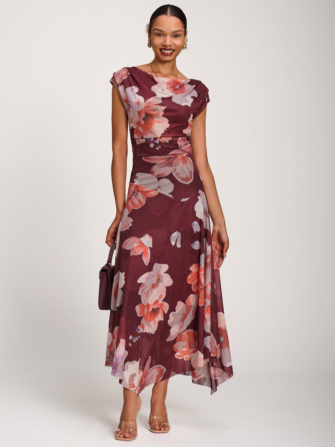 Image 6 of 7 of Jolie Moi Asymmetrical Draped Mesh Maxi Dress - Red
