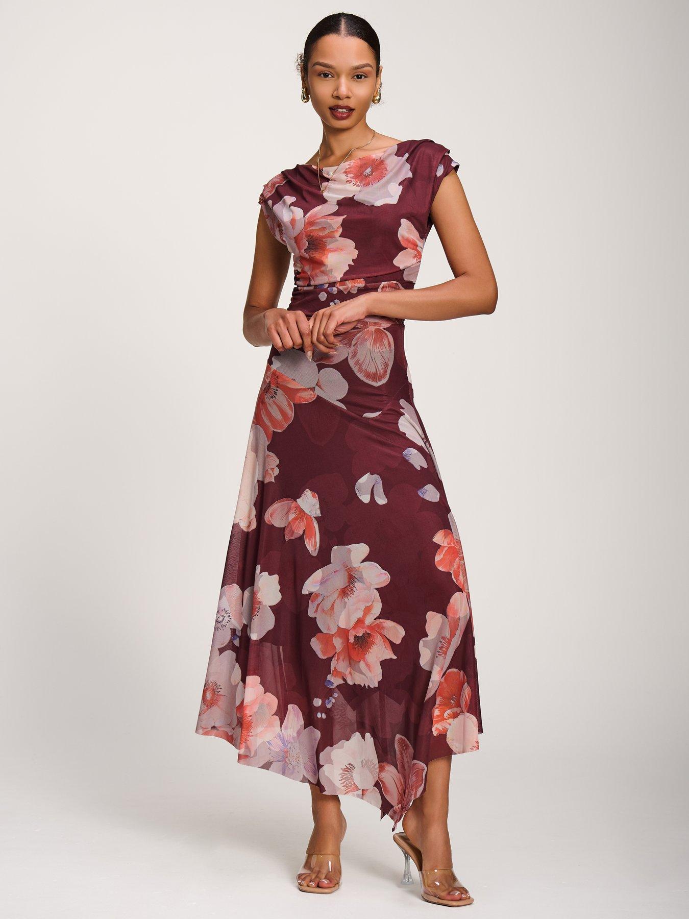 Image 7 of 7 of Jolie Moi Asymmetrical Draped Mesh Maxi Dress - Red