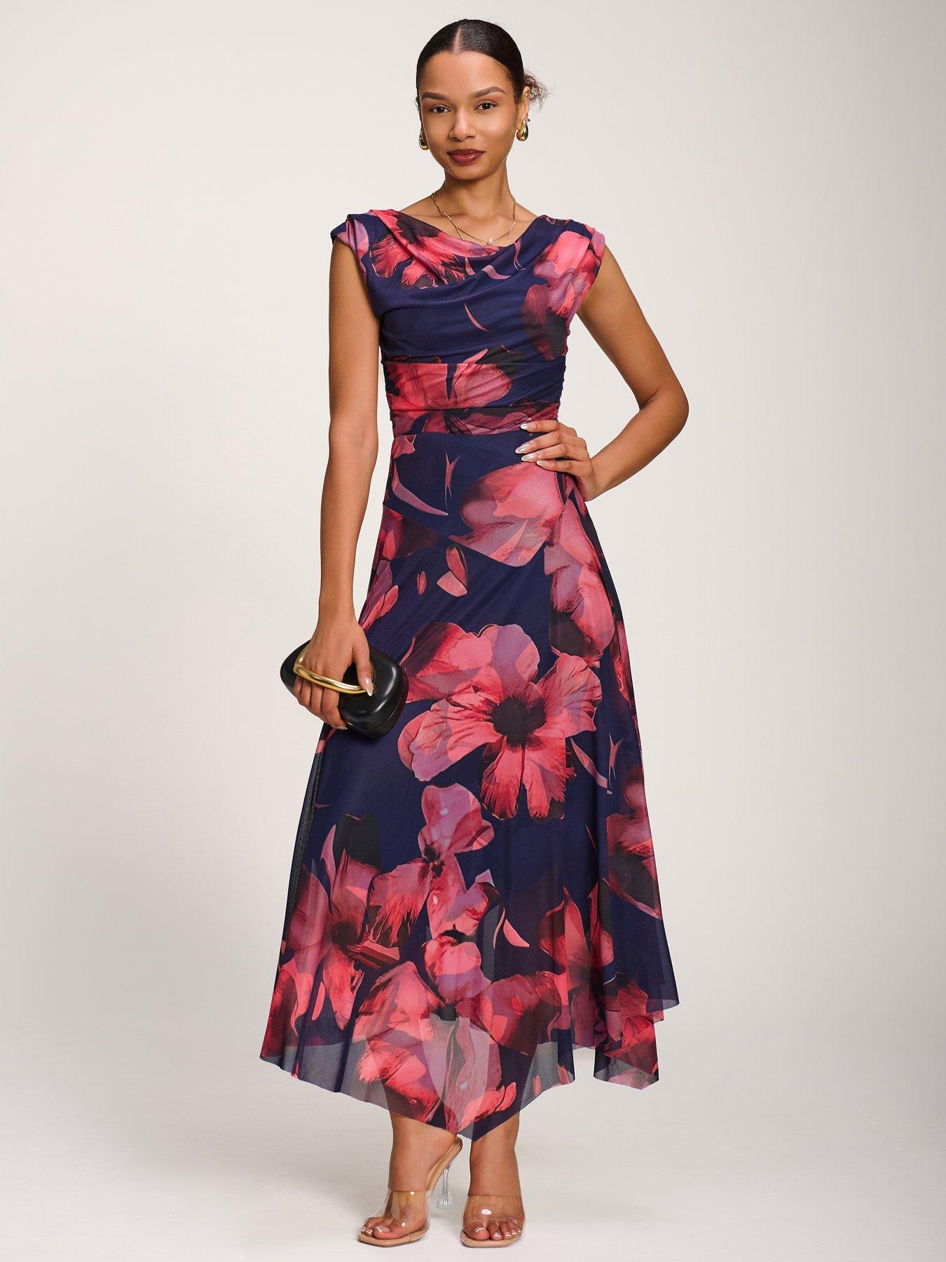 Jolie Moi Asymmetrical Draped Mesh Maxi Dress - Navy