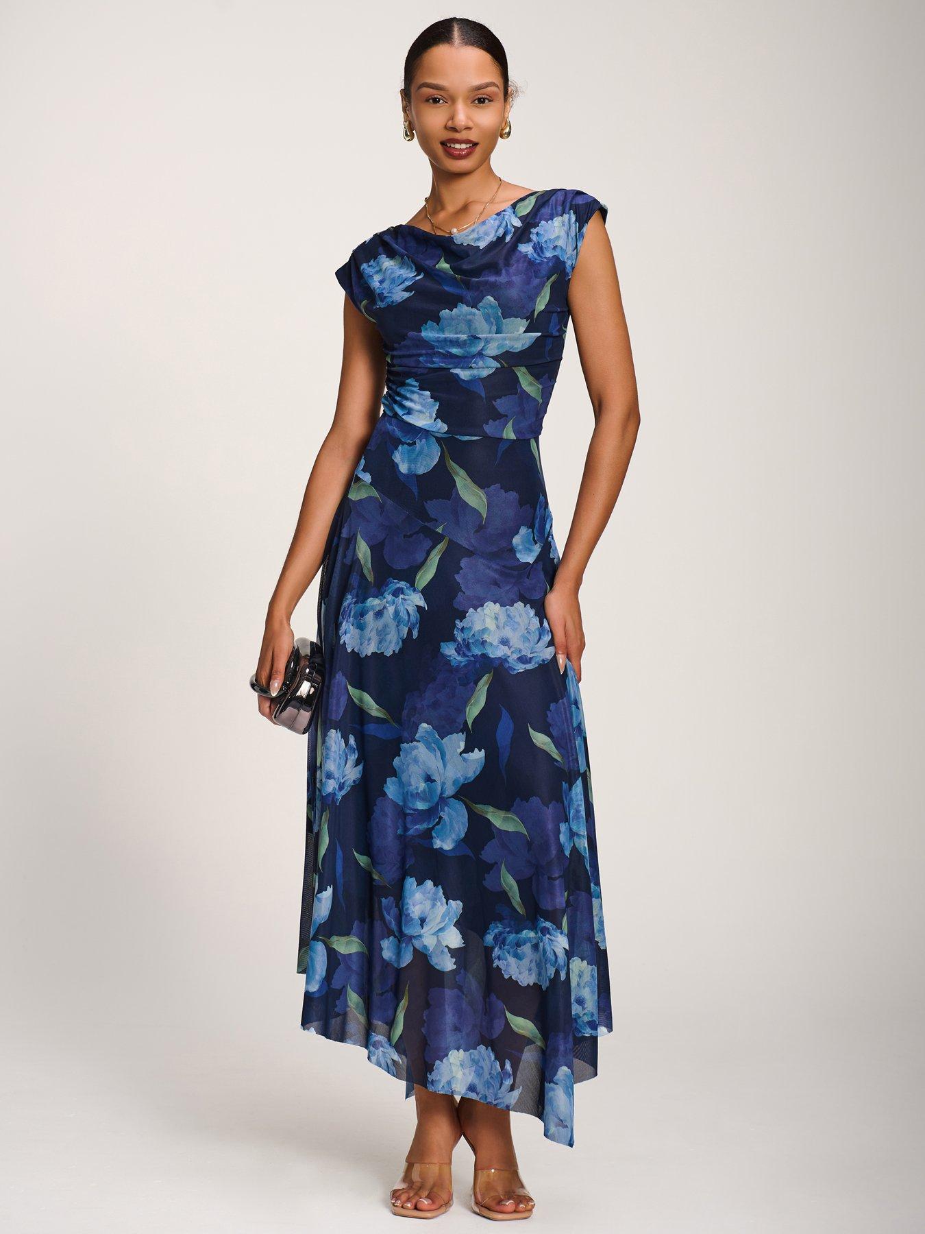 Jolie Moi Asymmetrical Draped Mesh Maxi Dress - Navy