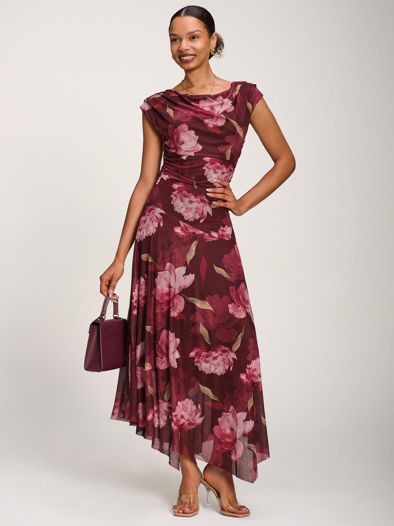 Image 1 of 7 of Jolie Moi Asymmetrical Draped Mesh Maxi Dress - Red