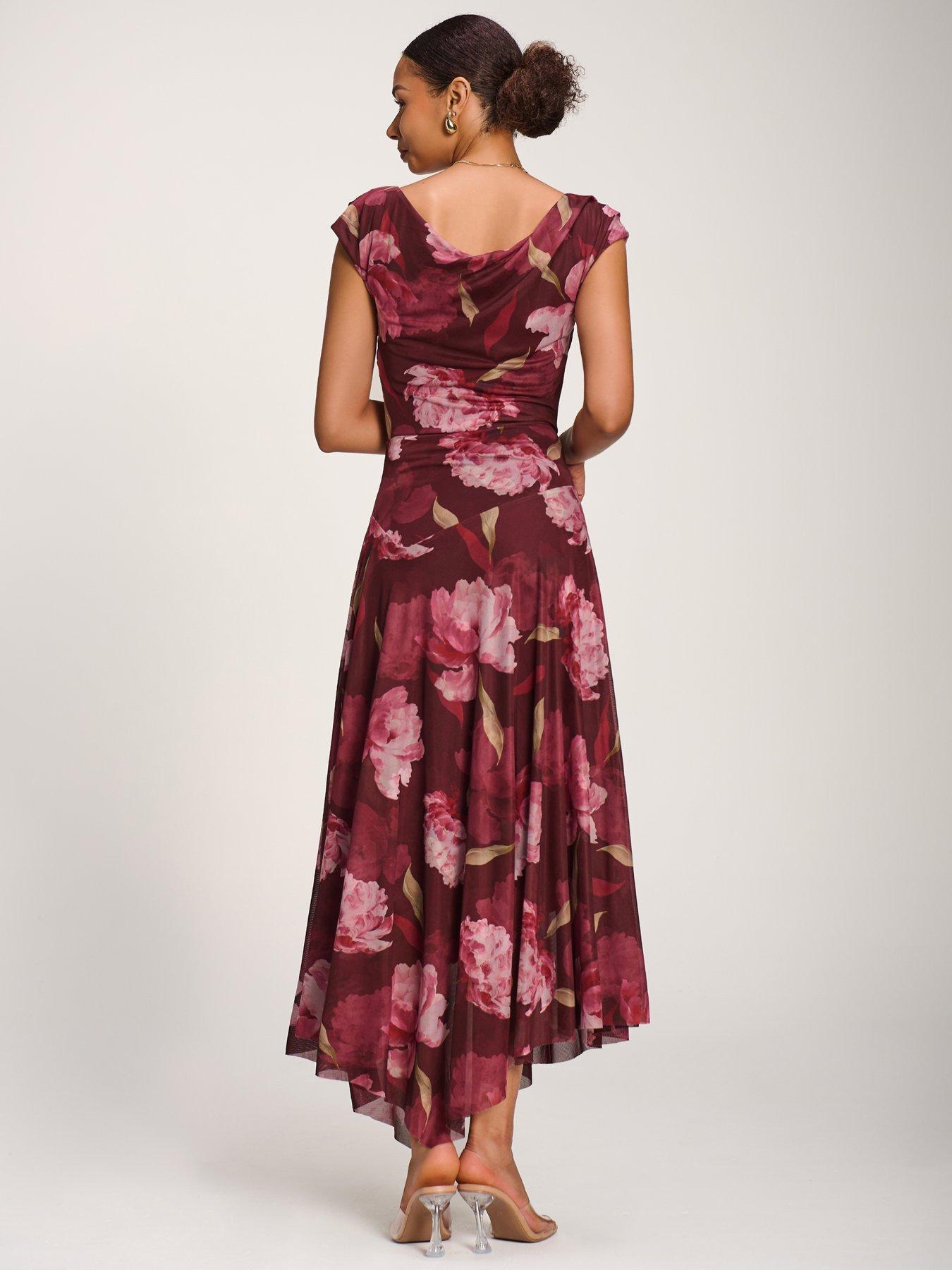 Image 2 of 7 of Jolie Moi Asymmetrical Draped Mesh Maxi Dress - Red