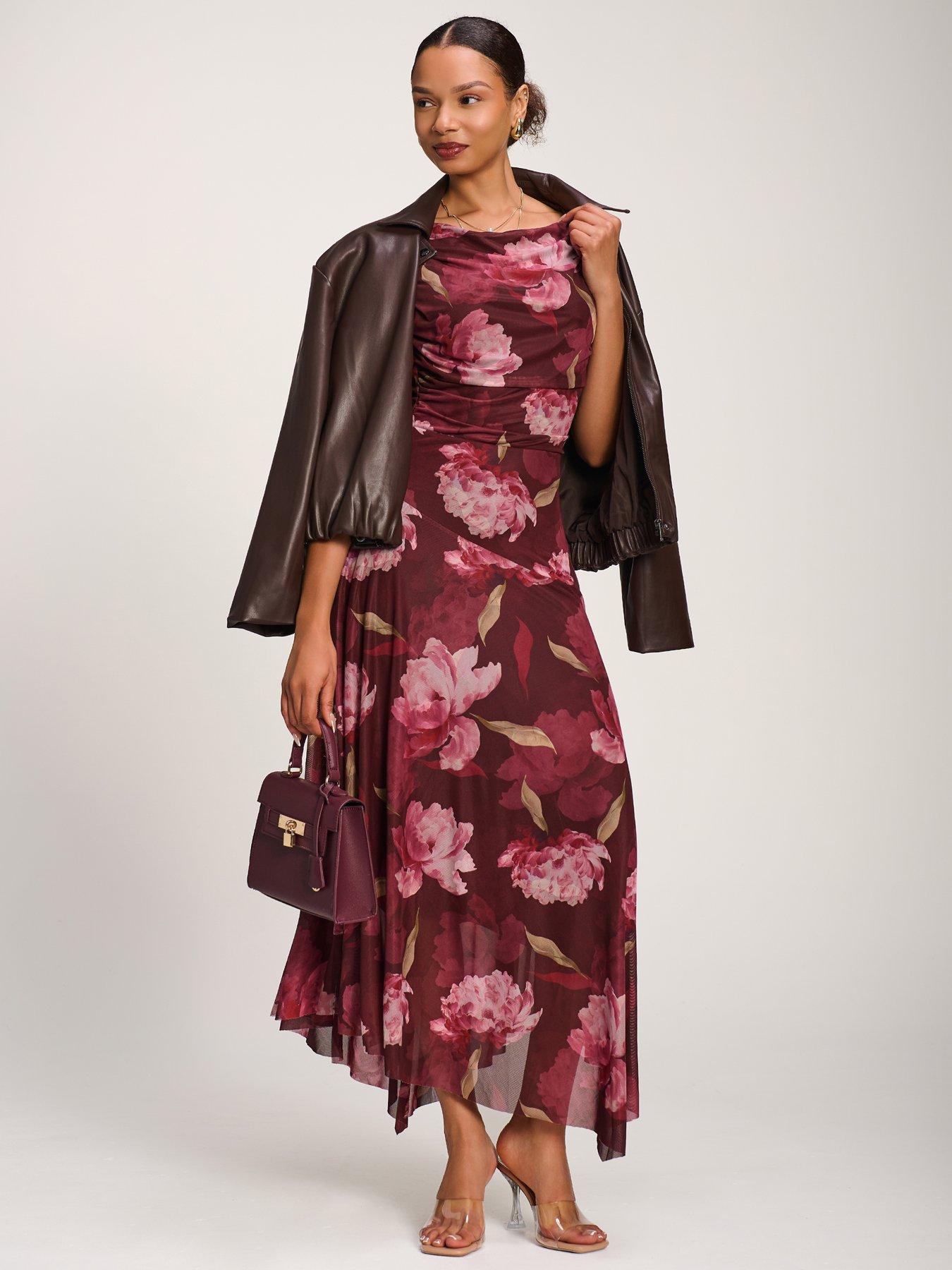 Image 3 of 7 of Jolie Moi Asymmetrical Draped Mesh Maxi Dress - Red