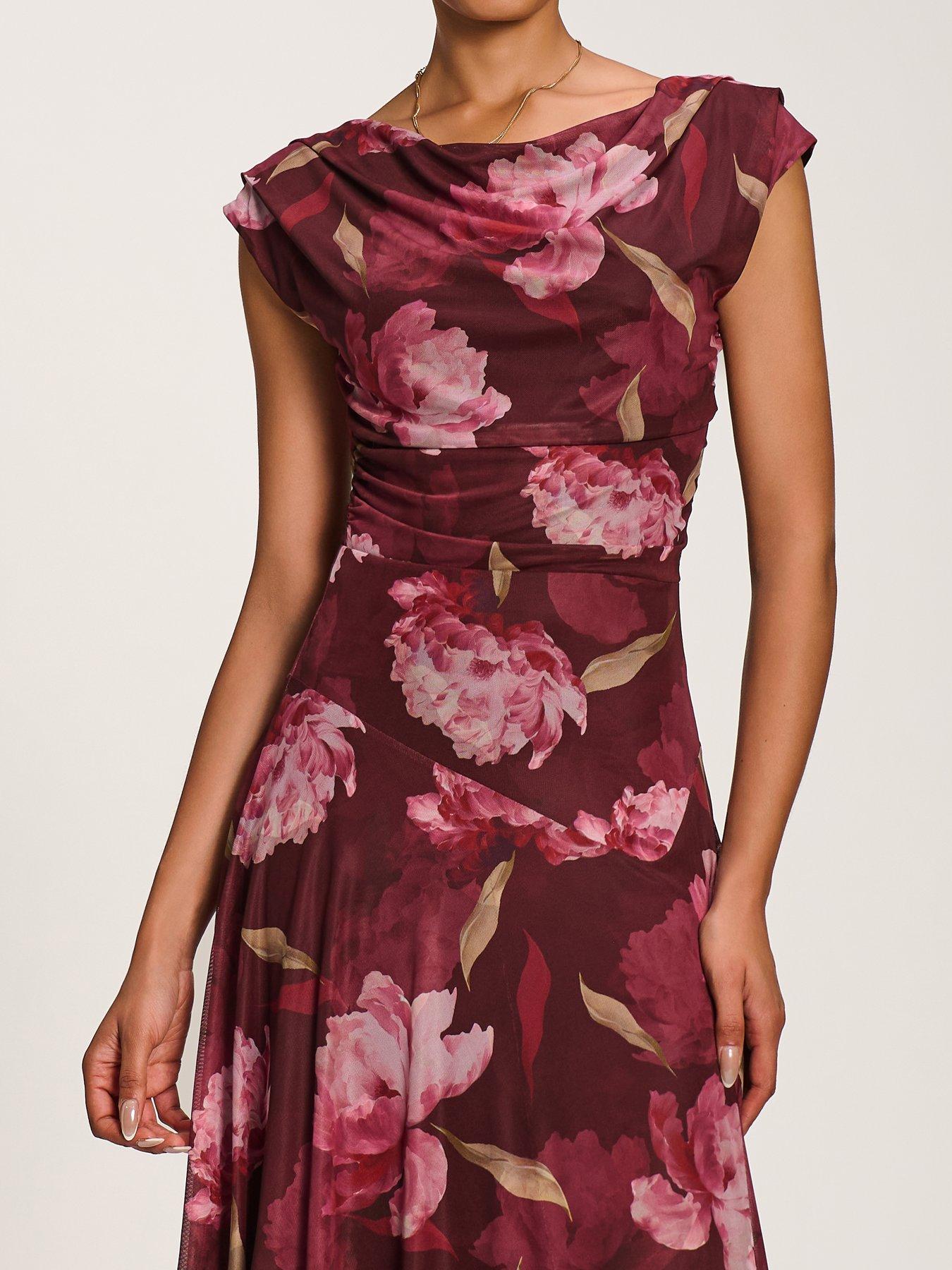 Image 4 of 7 of Jolie Moi Asymmetrical Draped Mesh Maxi Dress - Red
