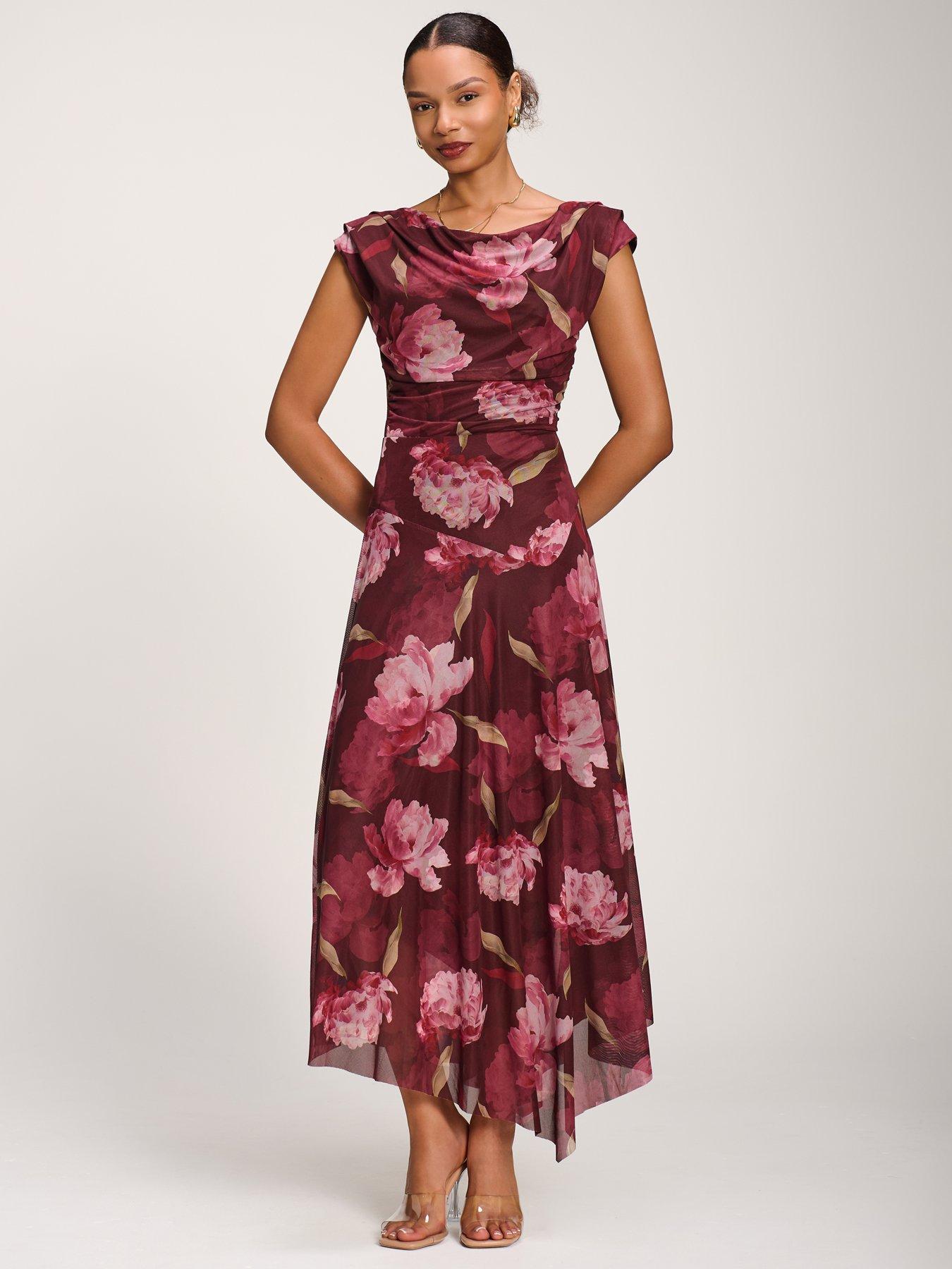 Image 5 of 7 of Jolie Moi Asymmetrical Draped Mesh Maxi Dress - Red