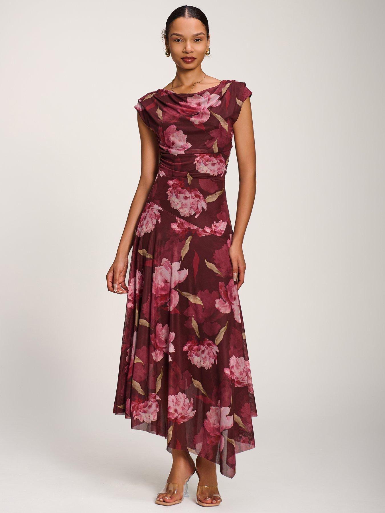 Image 6 of 7 of Jolie Moi Asymmetrical Draped Mesh Maxi Dress - Red
