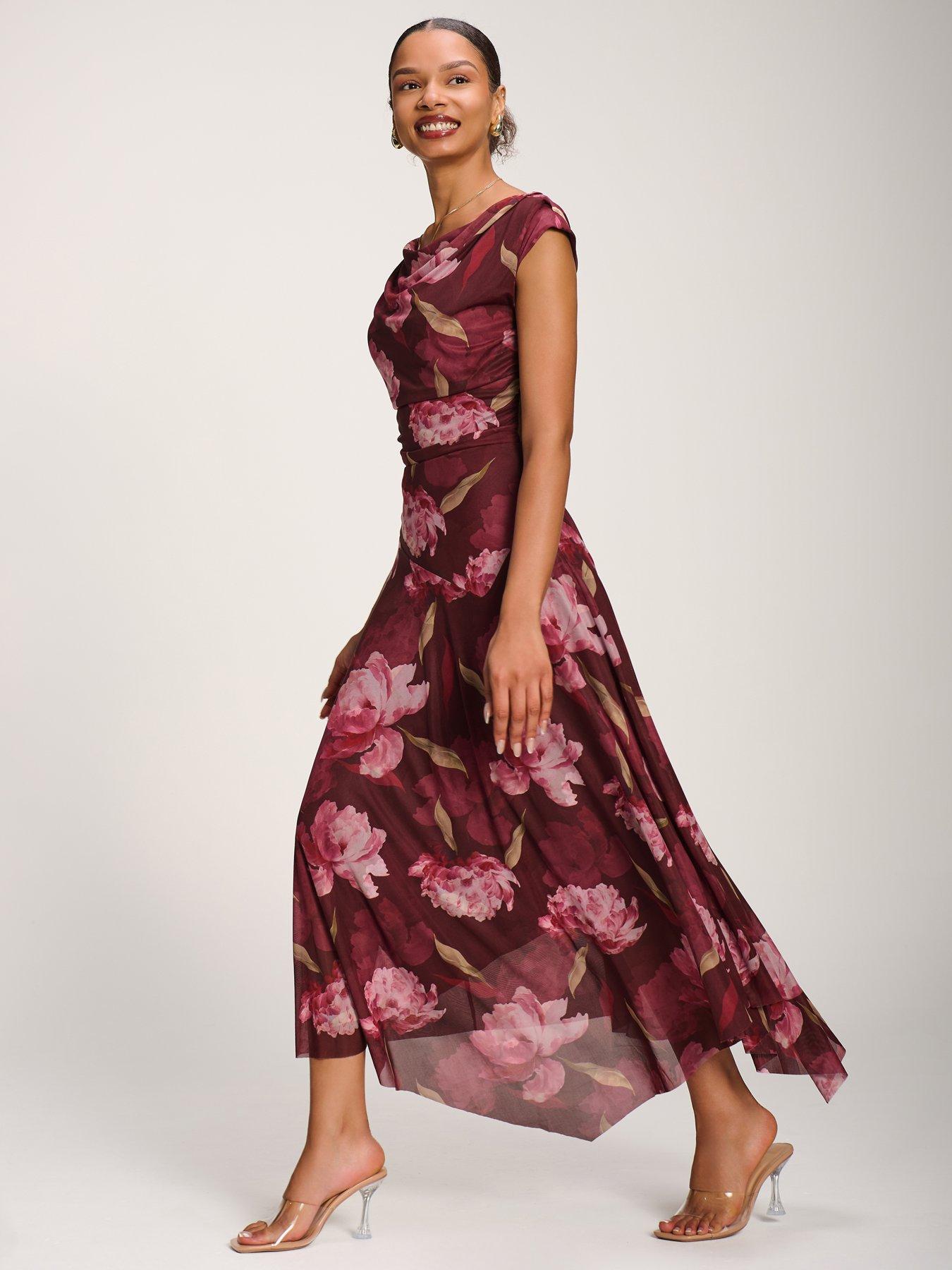 Image 7 of 7 of Jolie Moi Asymmetrical Draped Mesh Maxi Dress - Red