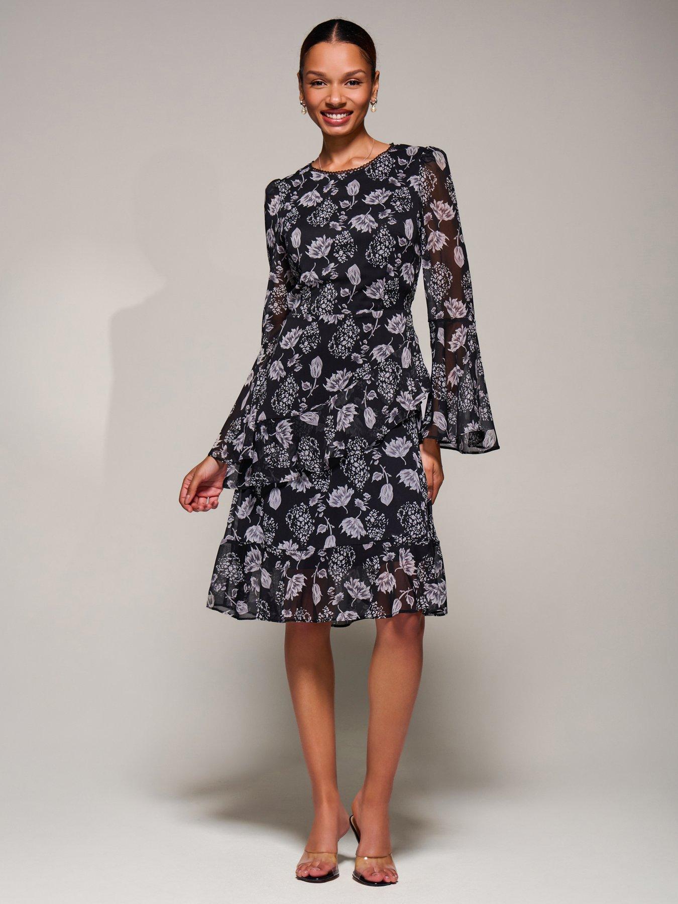 Jolie Moi Long Sleeve Frill Chiffon Knee-Length Dress - Black