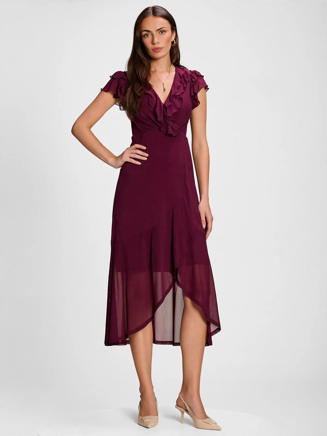 Jolie Moi Ruffled Mesh Maxi Dress - Purple