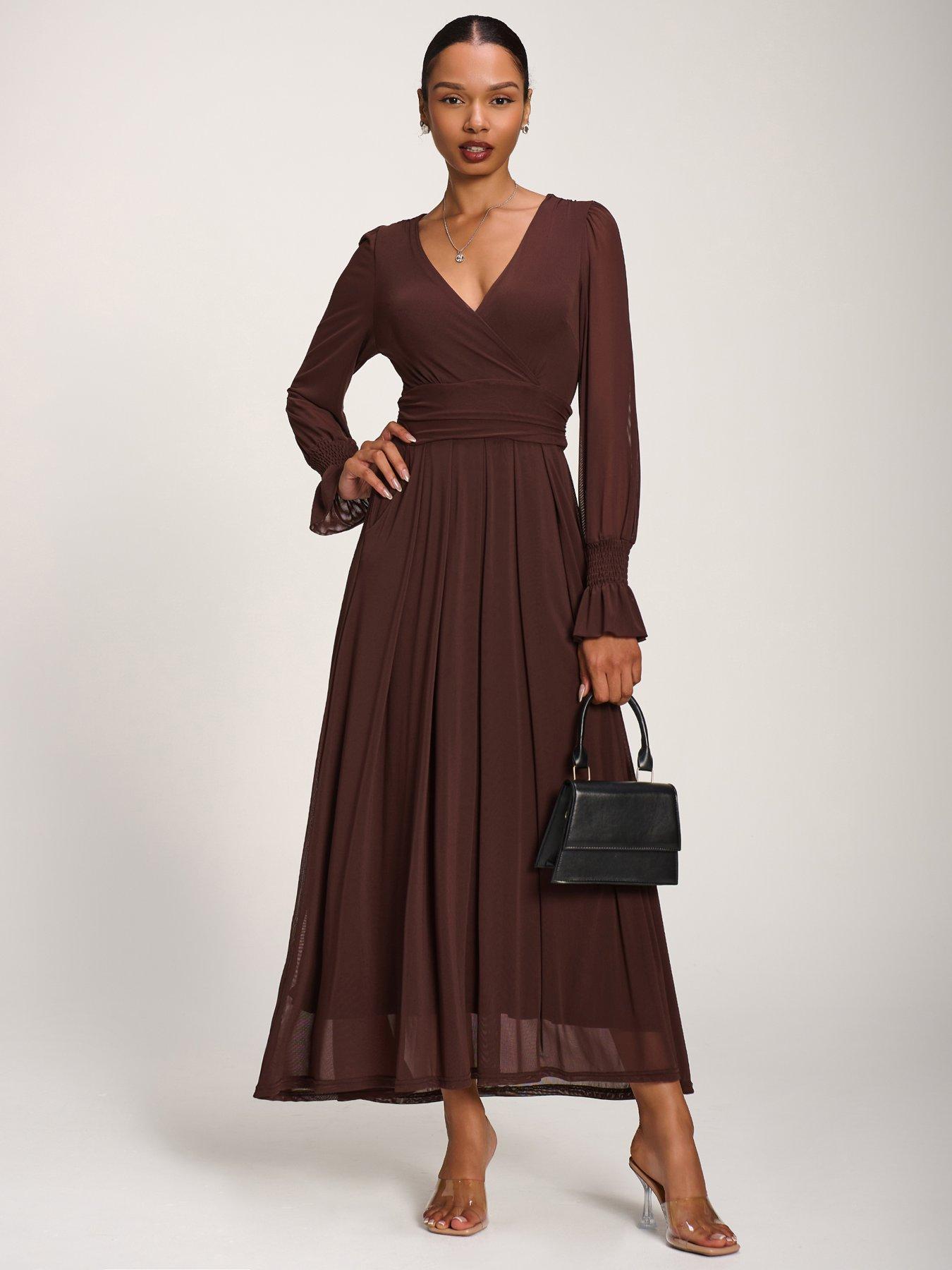 Jolie Moi Long Sleeve Mesh Maxi Dress - Brown