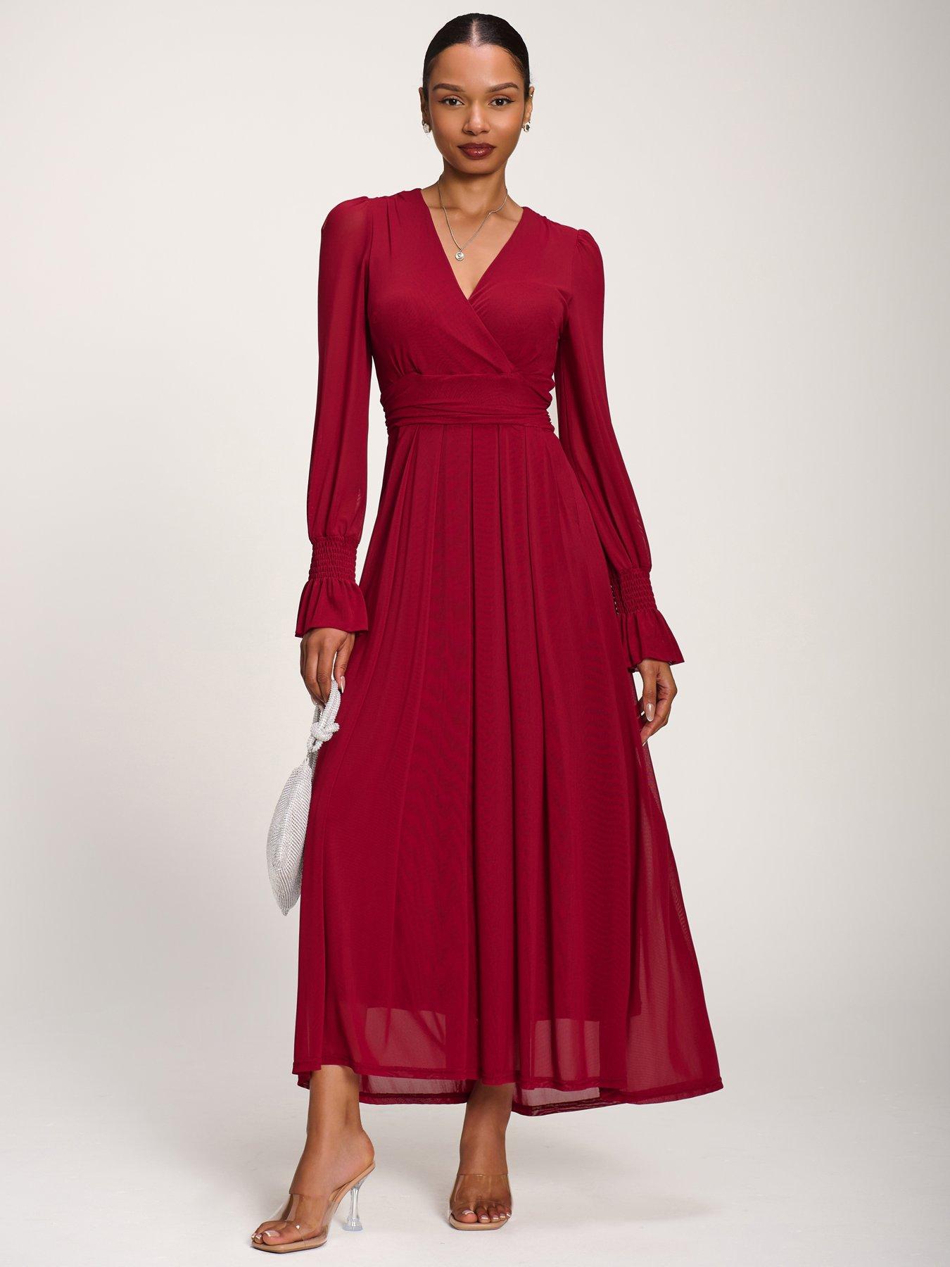 Jolie Moi Long Sleeve Mesh Maxi Dress - Red
