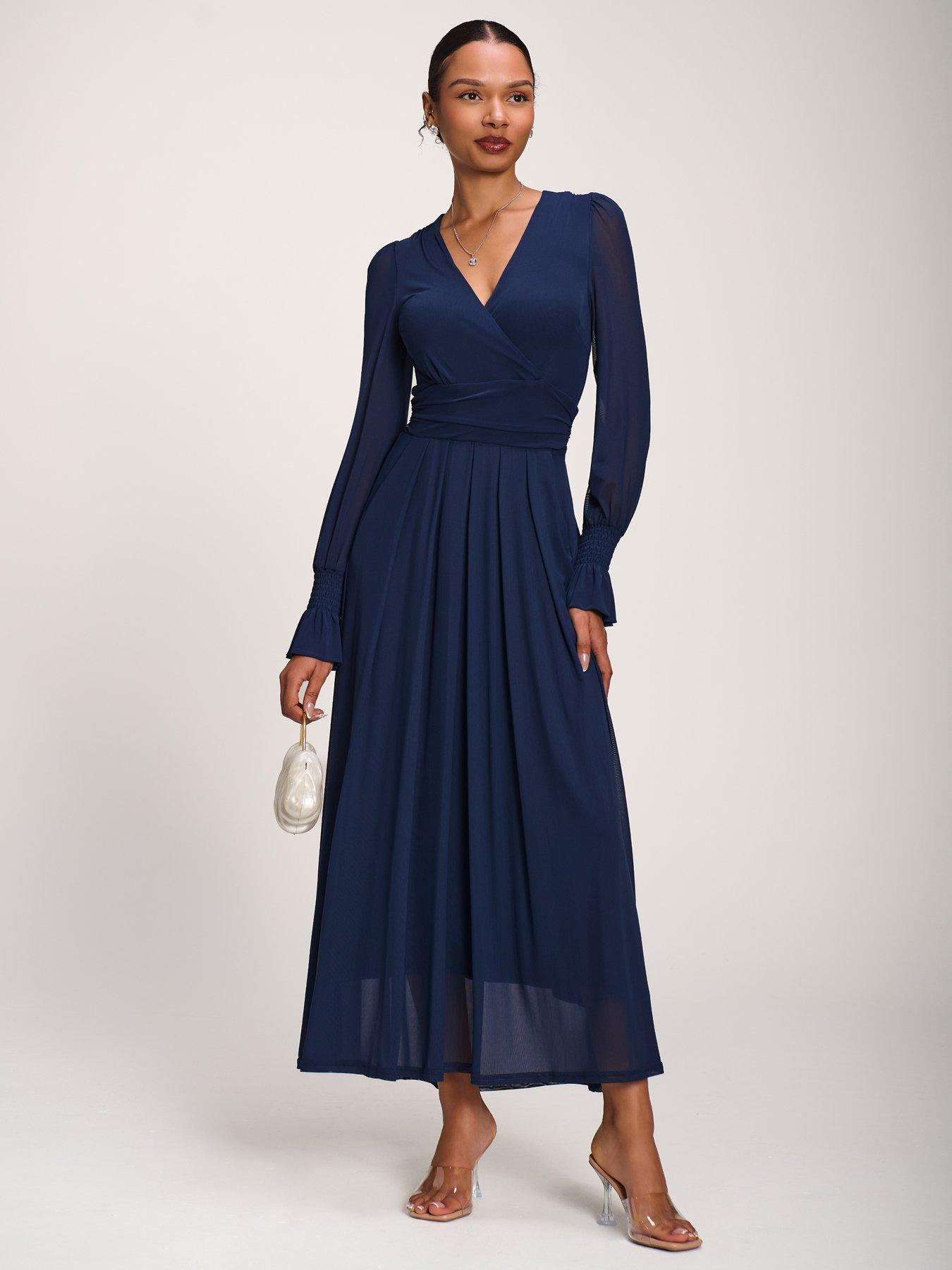 Jolie Moi Long Sleeve Mesh Maxi Dress - Navy