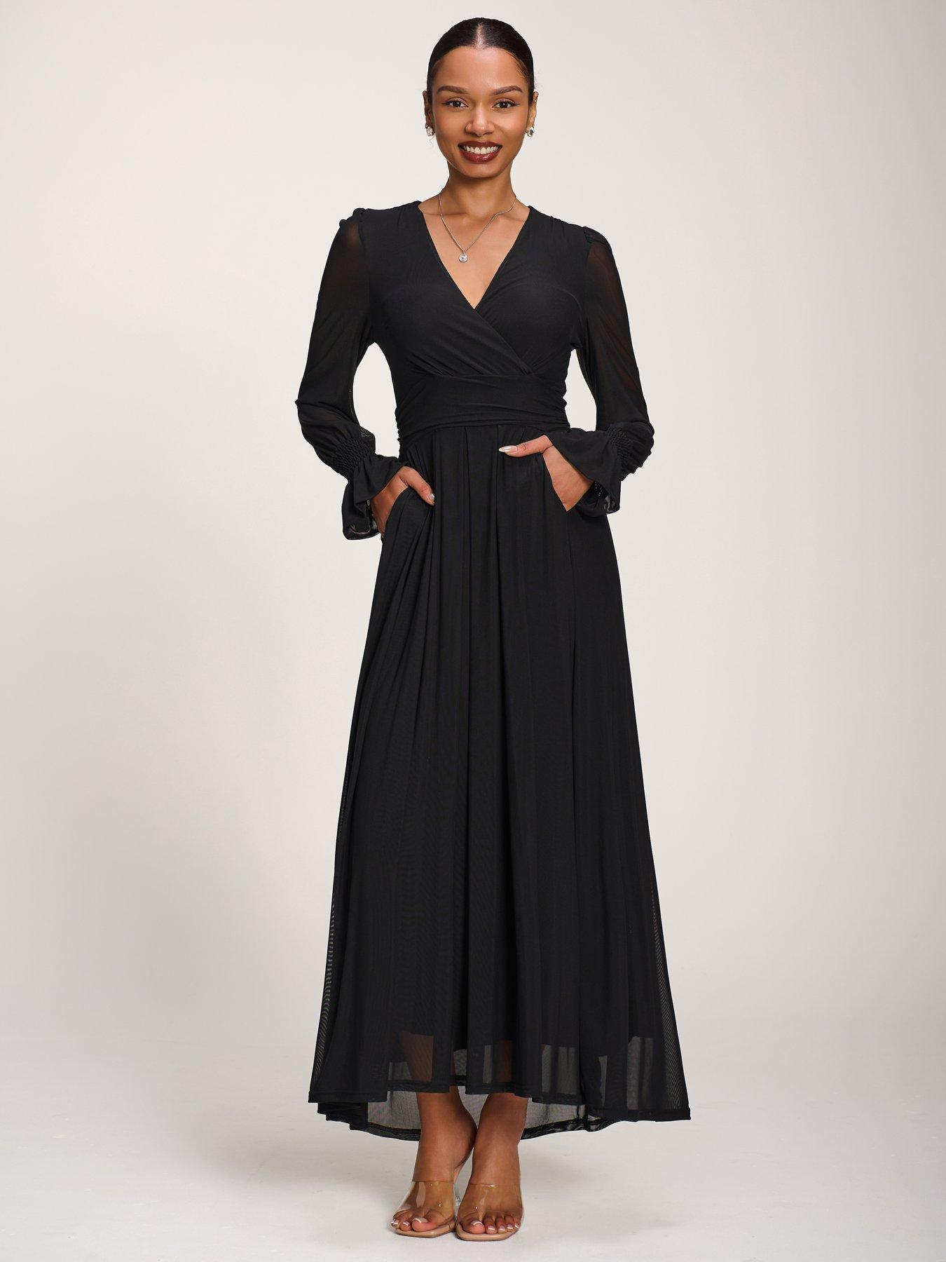 Jolie Moi Long Sleeve Mesh Maxi Dress - Black