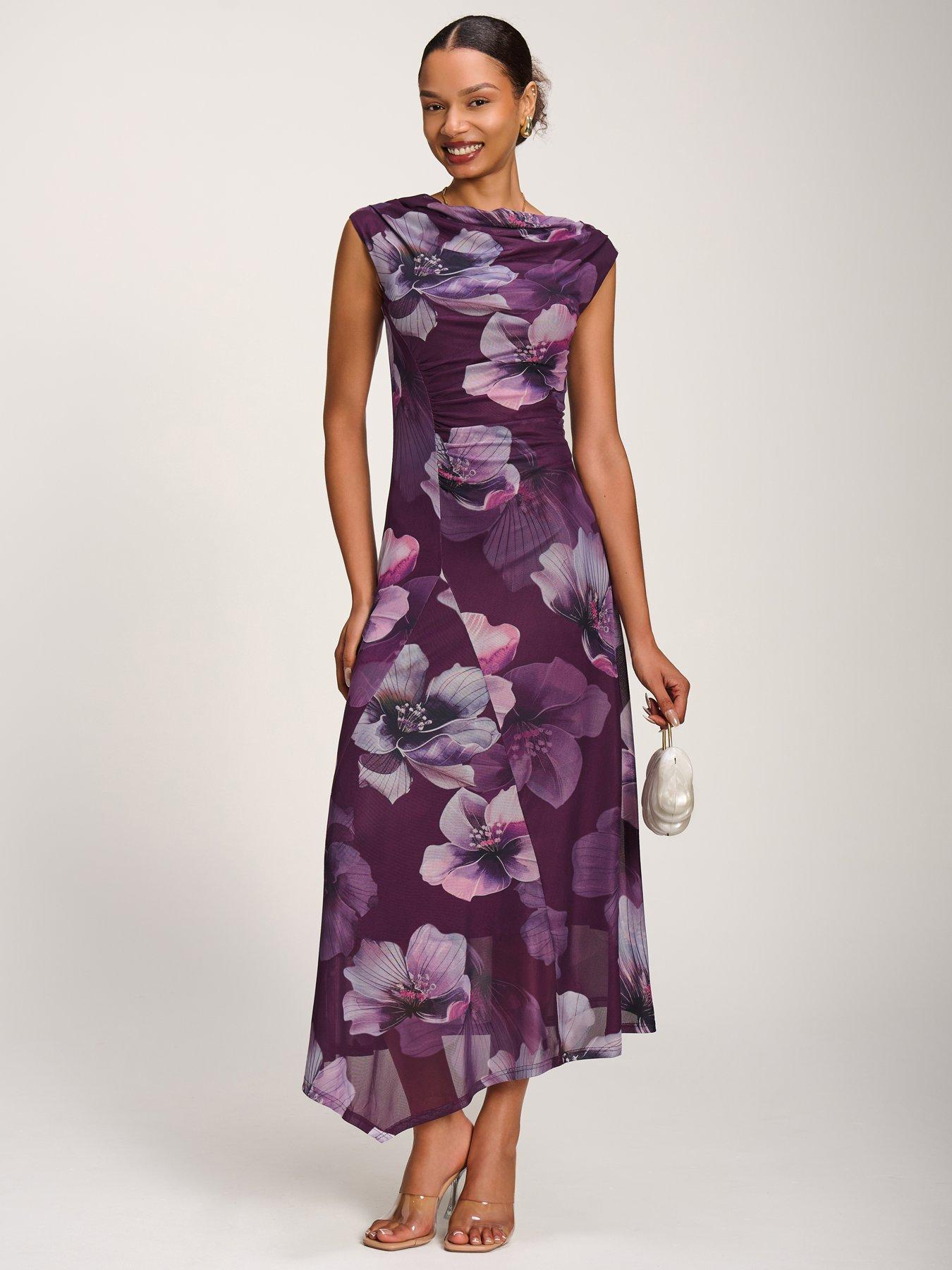 Jolie Moi Asymmetric Draped Mesh Maxi Dress