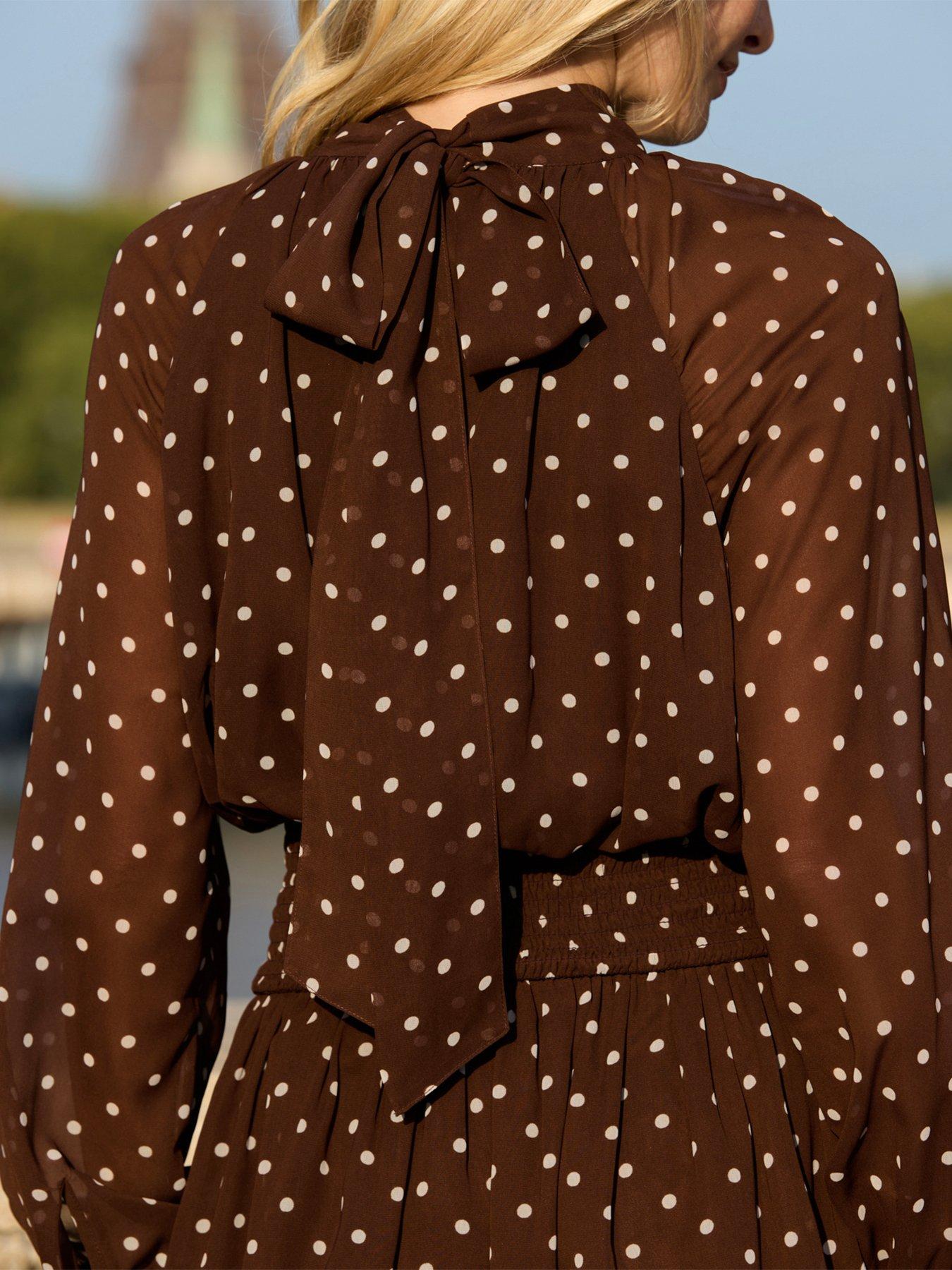 Image 4 of 6 of Sosandar Fleck Print Tie Neck Ruched Waist Dress - Brown