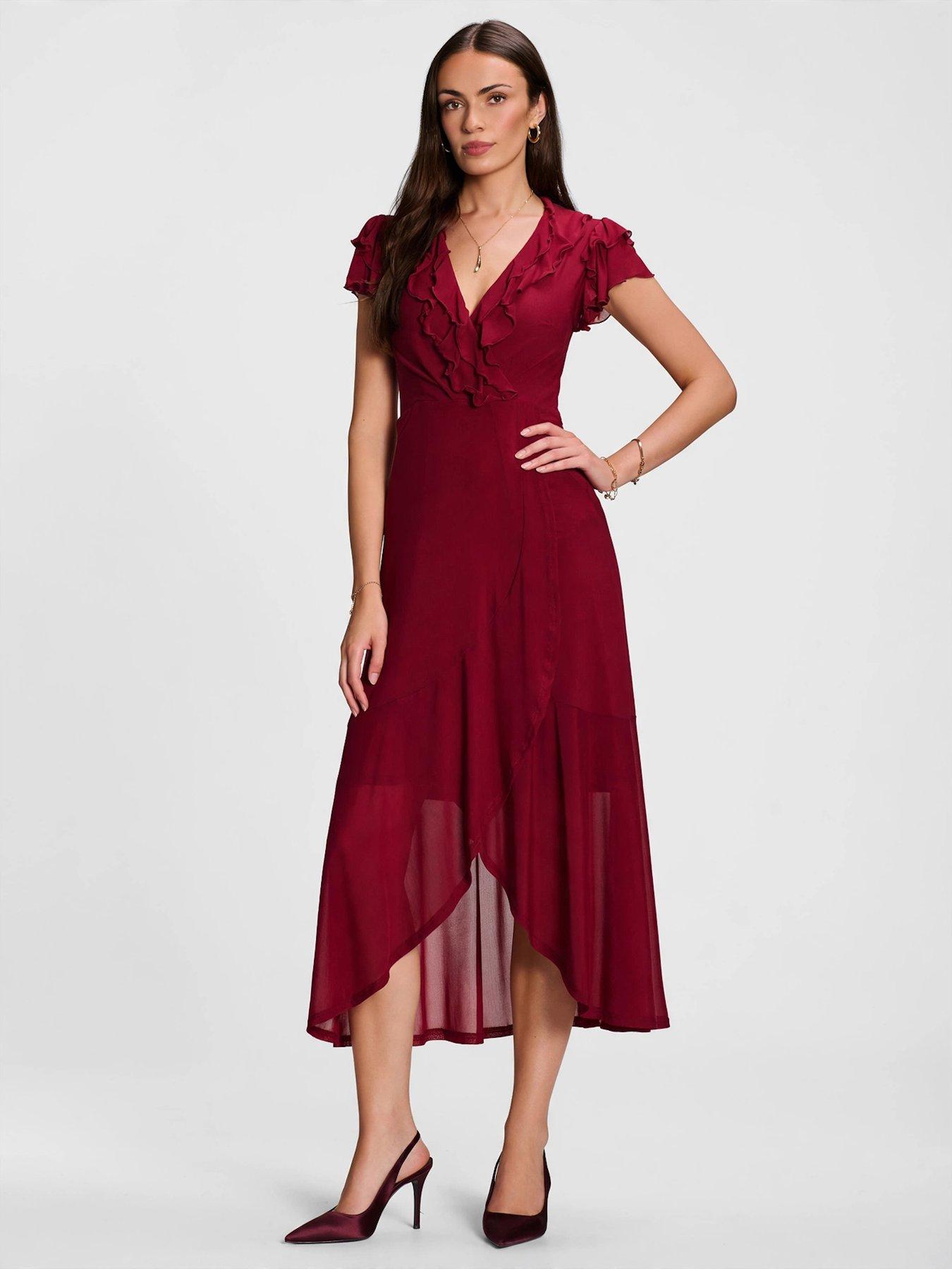Image 1 of 7 of Jolie Moi Ruffled Mesh Maxi Dress - Red