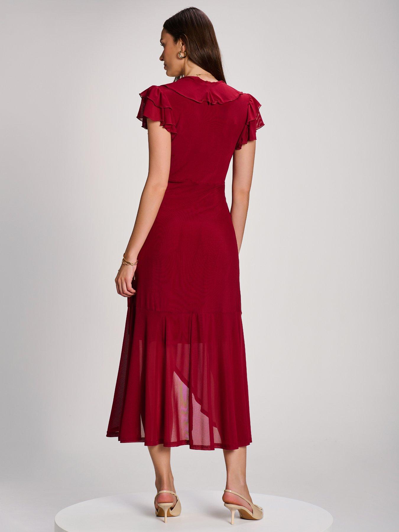 Image 2 of 7 of Jolie Moi Ruffled Mesh Maxi Dress - Red