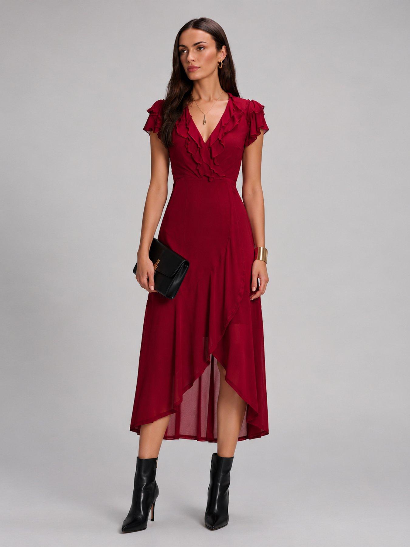 Image 3 of 7 of Jolie Moi Ruffled Mesh Maxi Dress - Red
