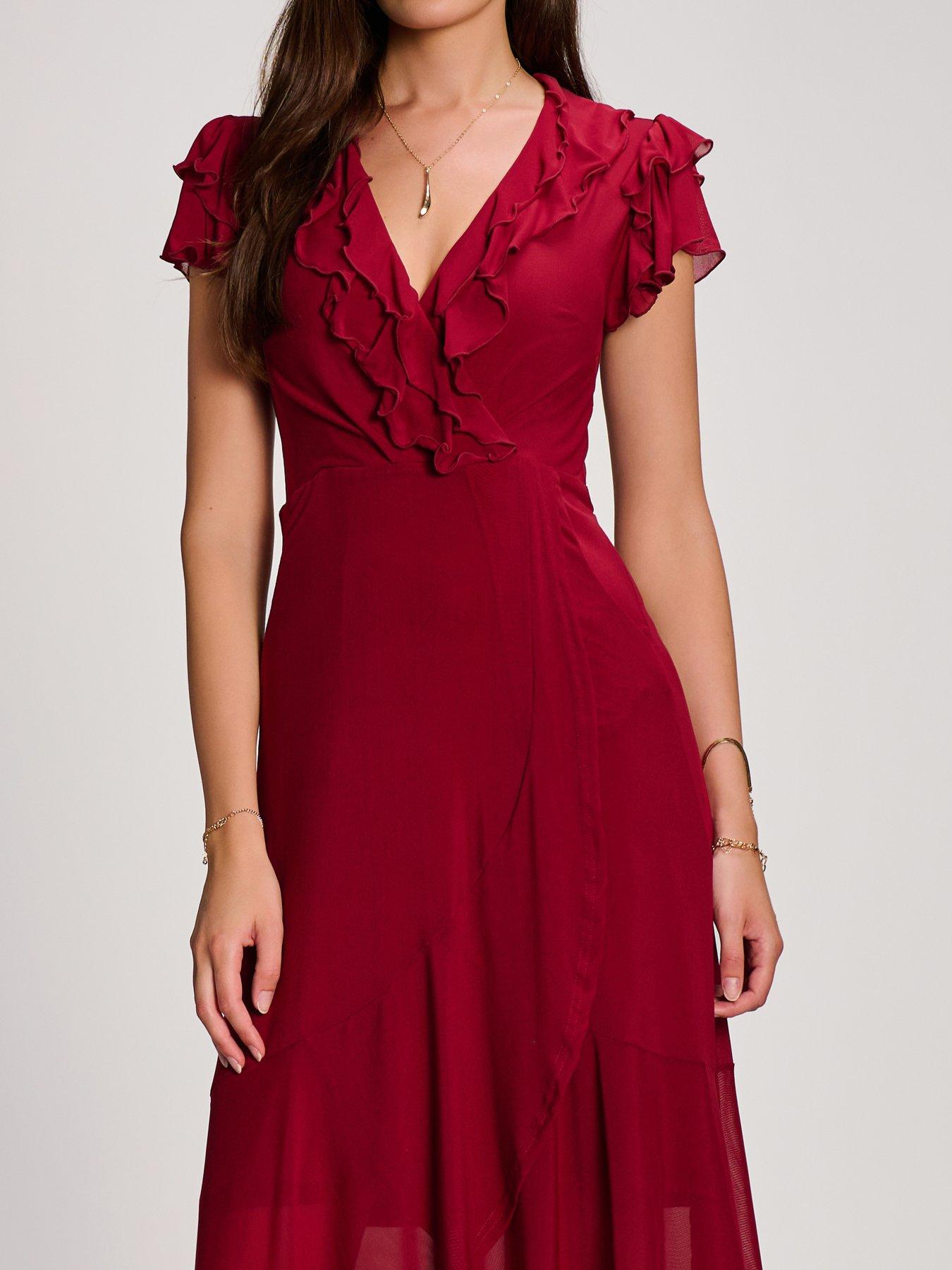 Image 4 of 7 of Jolie Moi Ruffled Mesh Maxi Dress - Red