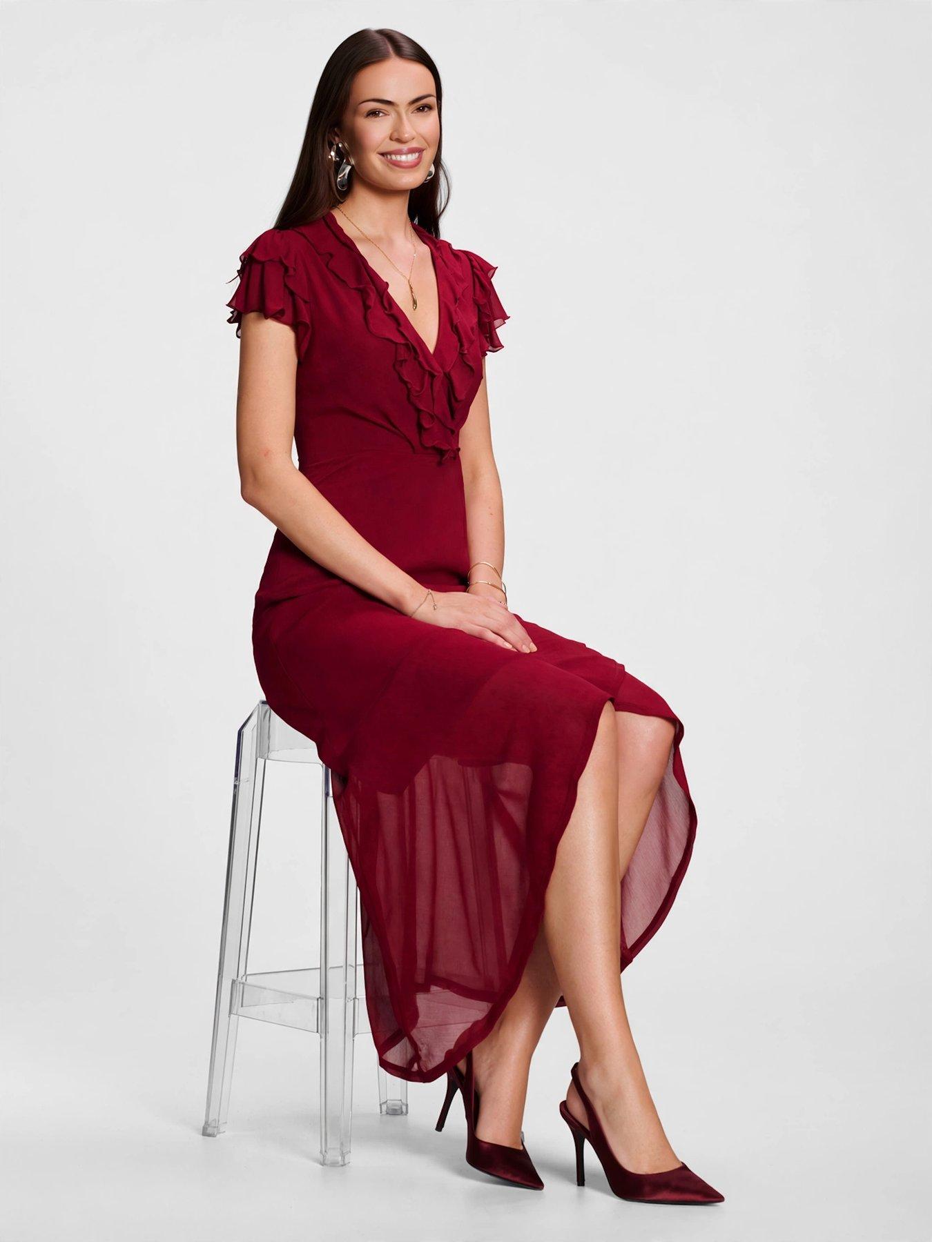Image 5 of 7 of Jolie Moi Ruffled Mesh Maxi Dress - Red