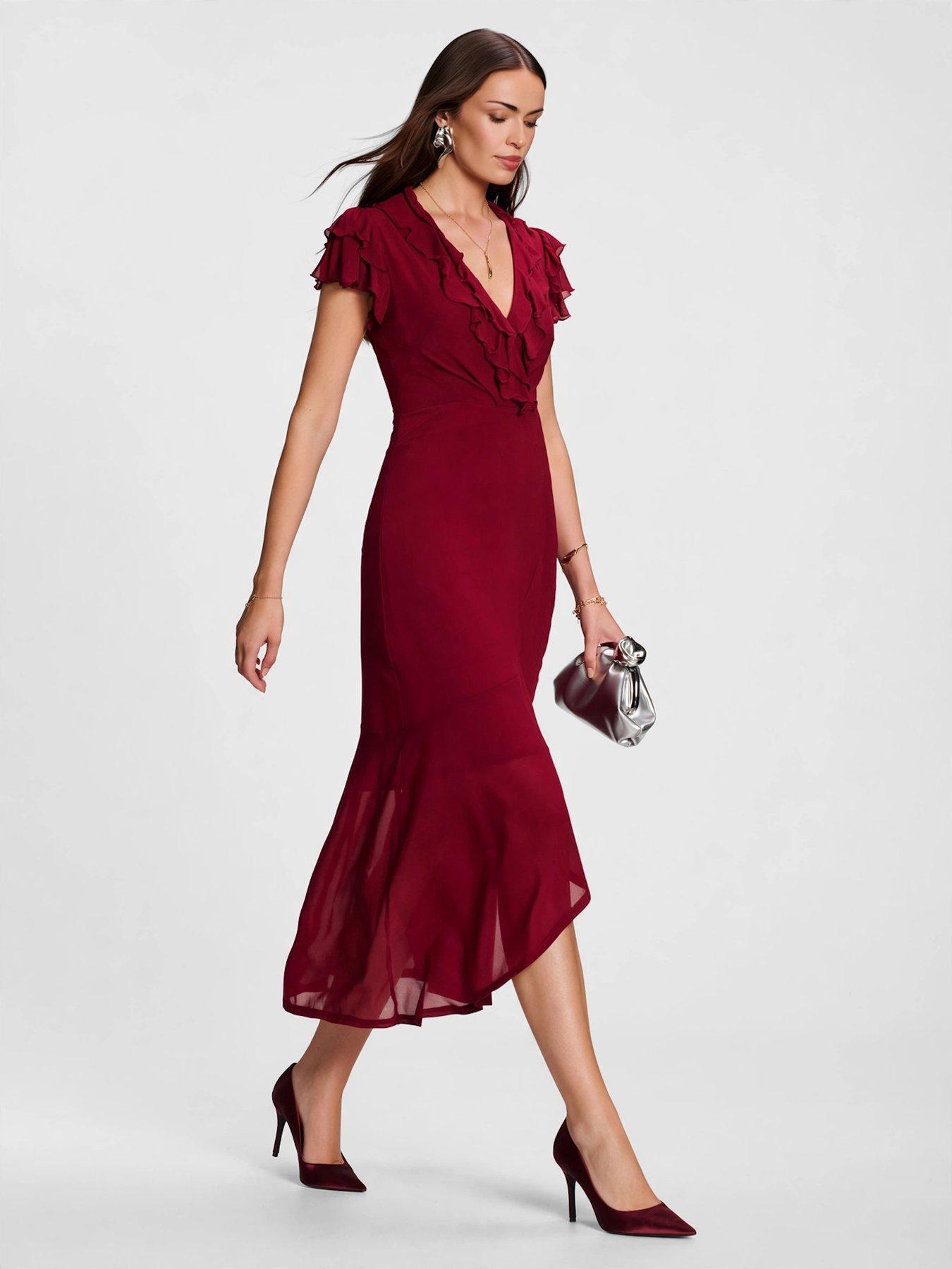 Image 6 of 7 of Jolie Moi Ruffled Mesh Maxi Dress - Red
