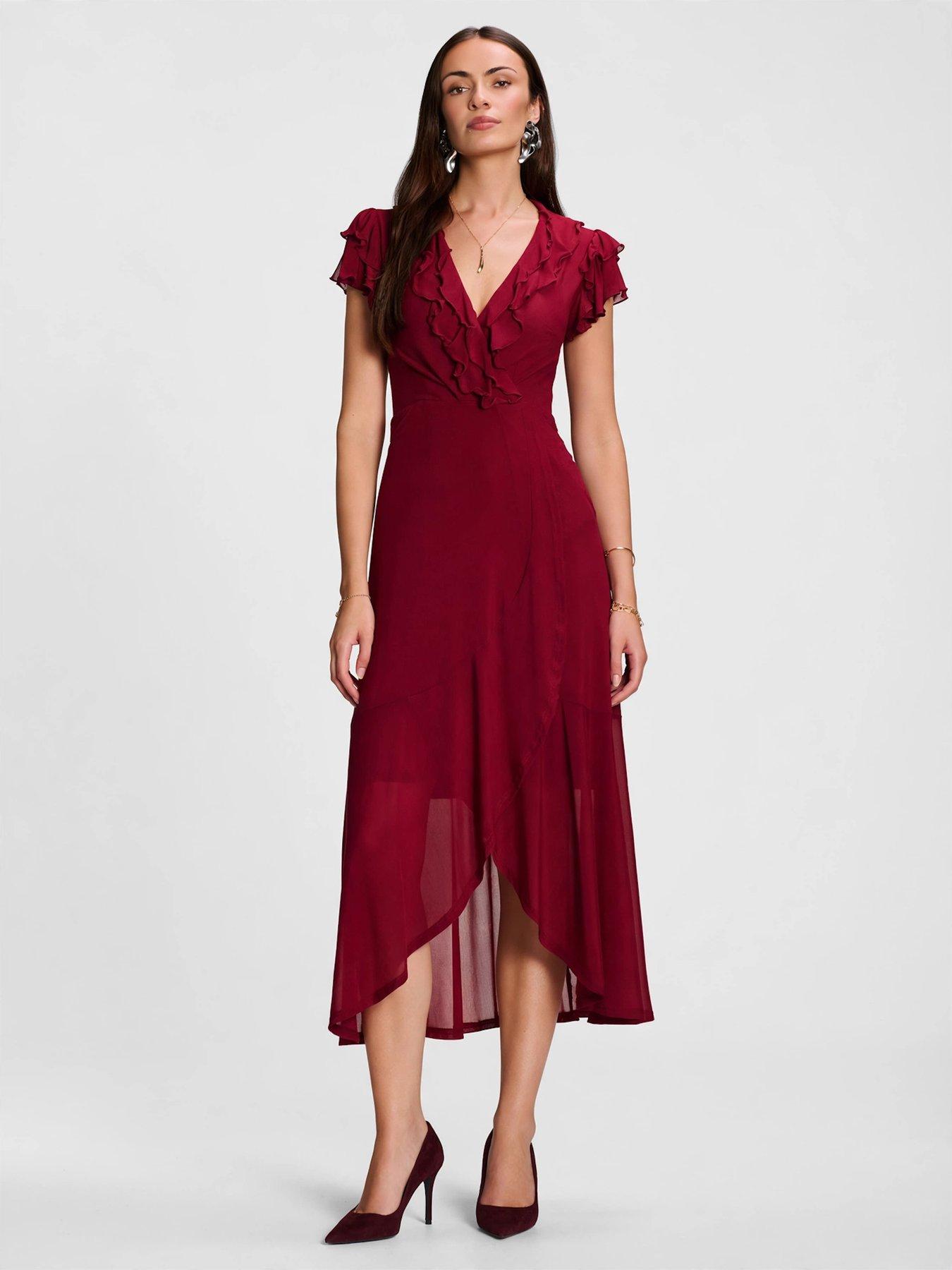 Image 7 of 7 of Jolie Moi Ruffled Mesh Maxi Dress - Red