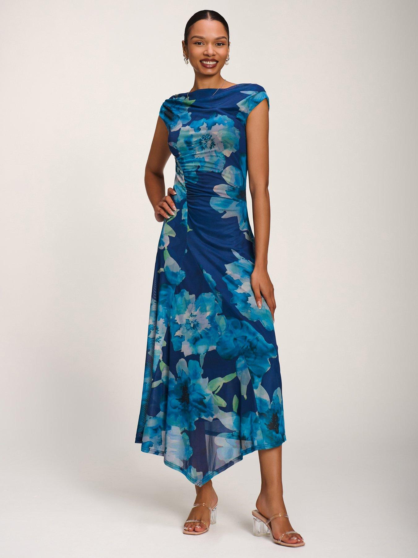 Jolie Moi Asymmetric Draped Mesh Midaxi Dress - Blue