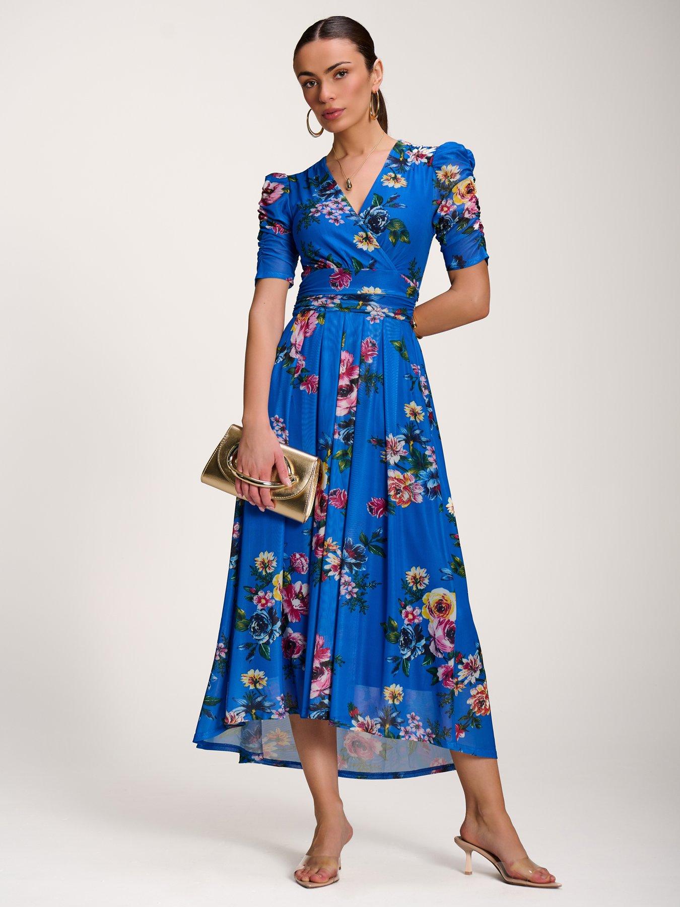 Jolie Moi Floral Print Mesh Maxi Dress - Blue