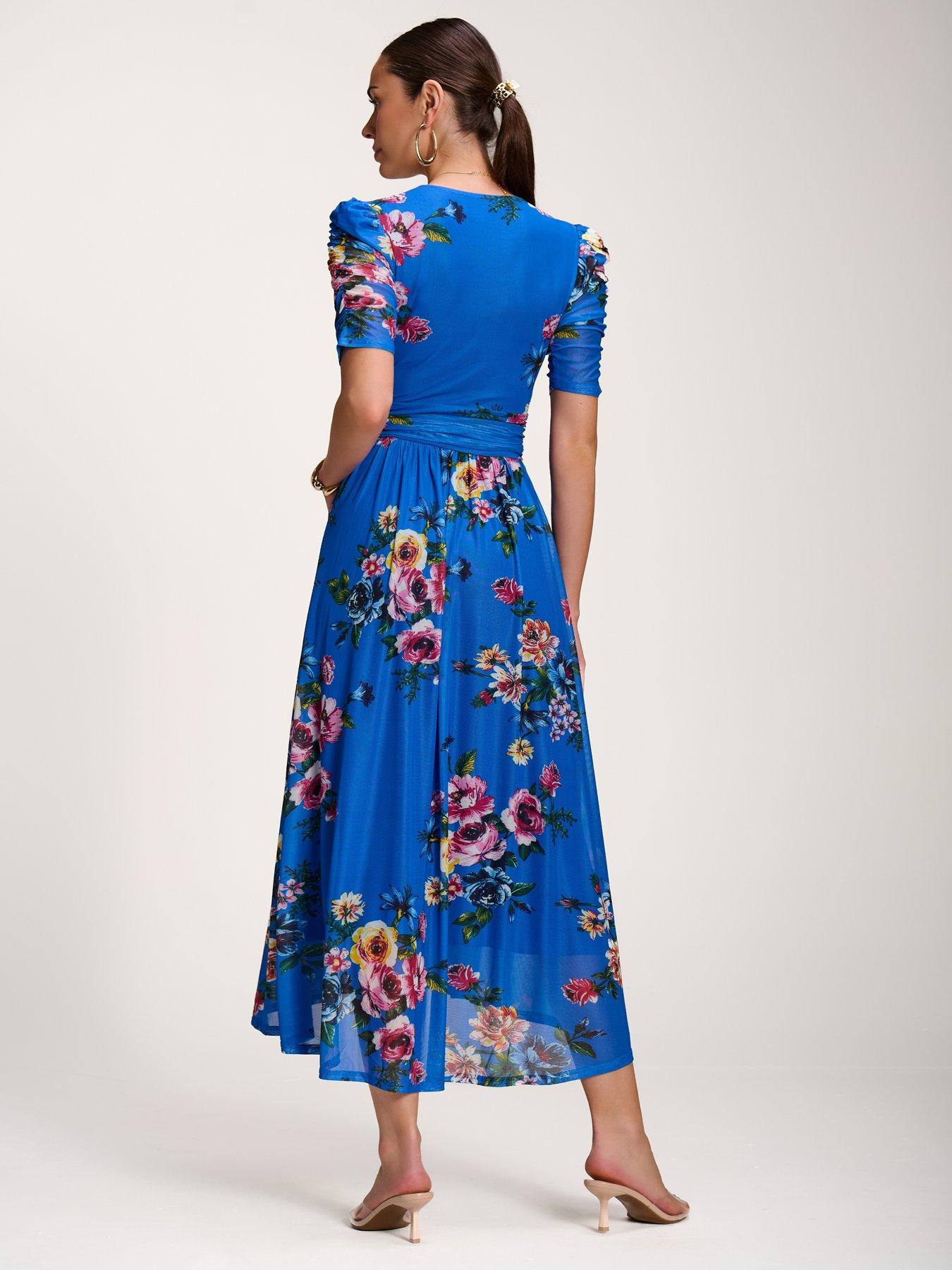 Image 2 of 7 of Jolie Moi Floral Print Mesh Maxi Dress - Blue