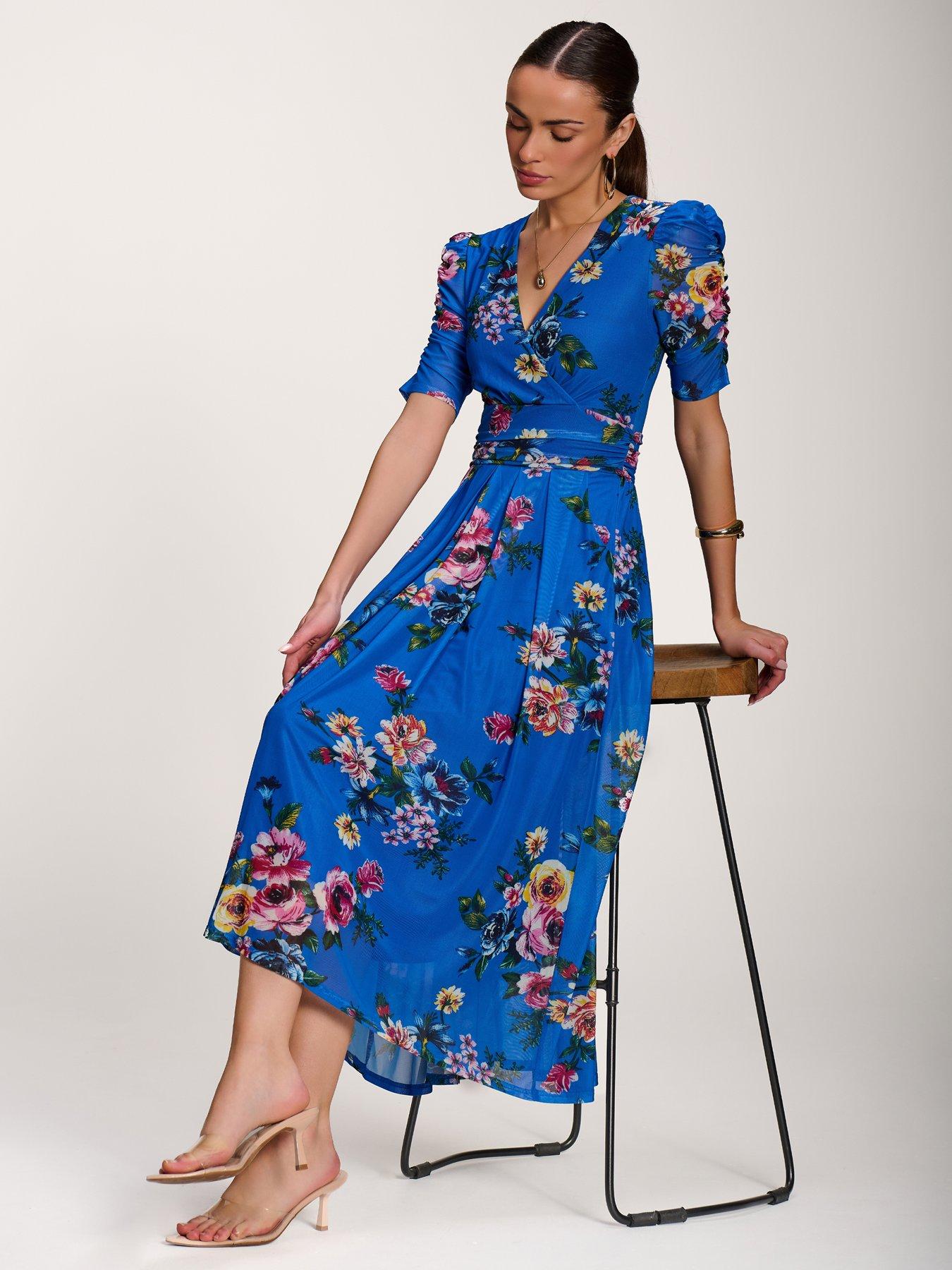 Image 3 of 7 of Jolie Moi Floral Print Mesh Maxi Dress - Blue
