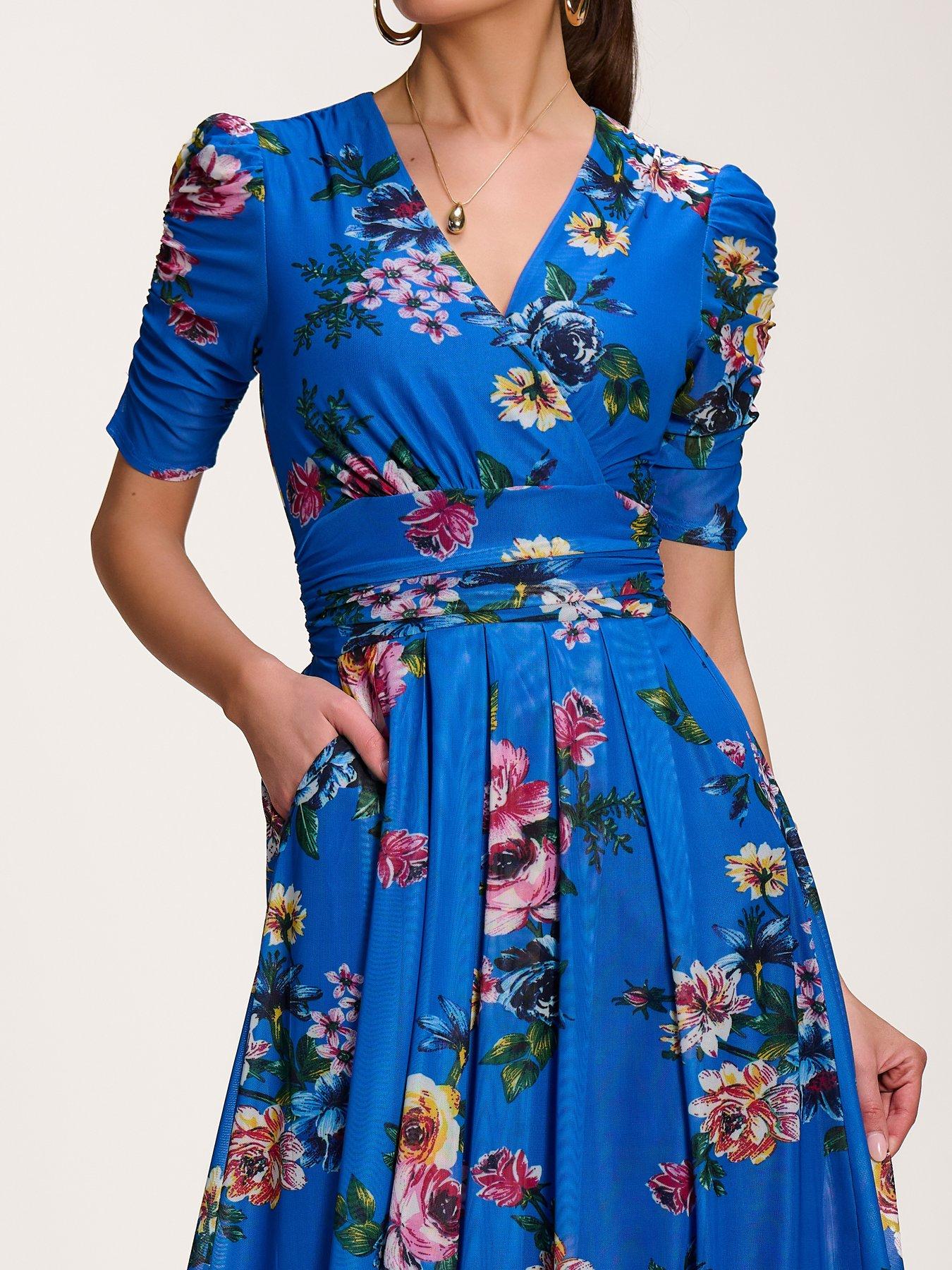 Image 4 of 7 of Jolie Moi Floral Print Mesh Maxi Dress - Blue
