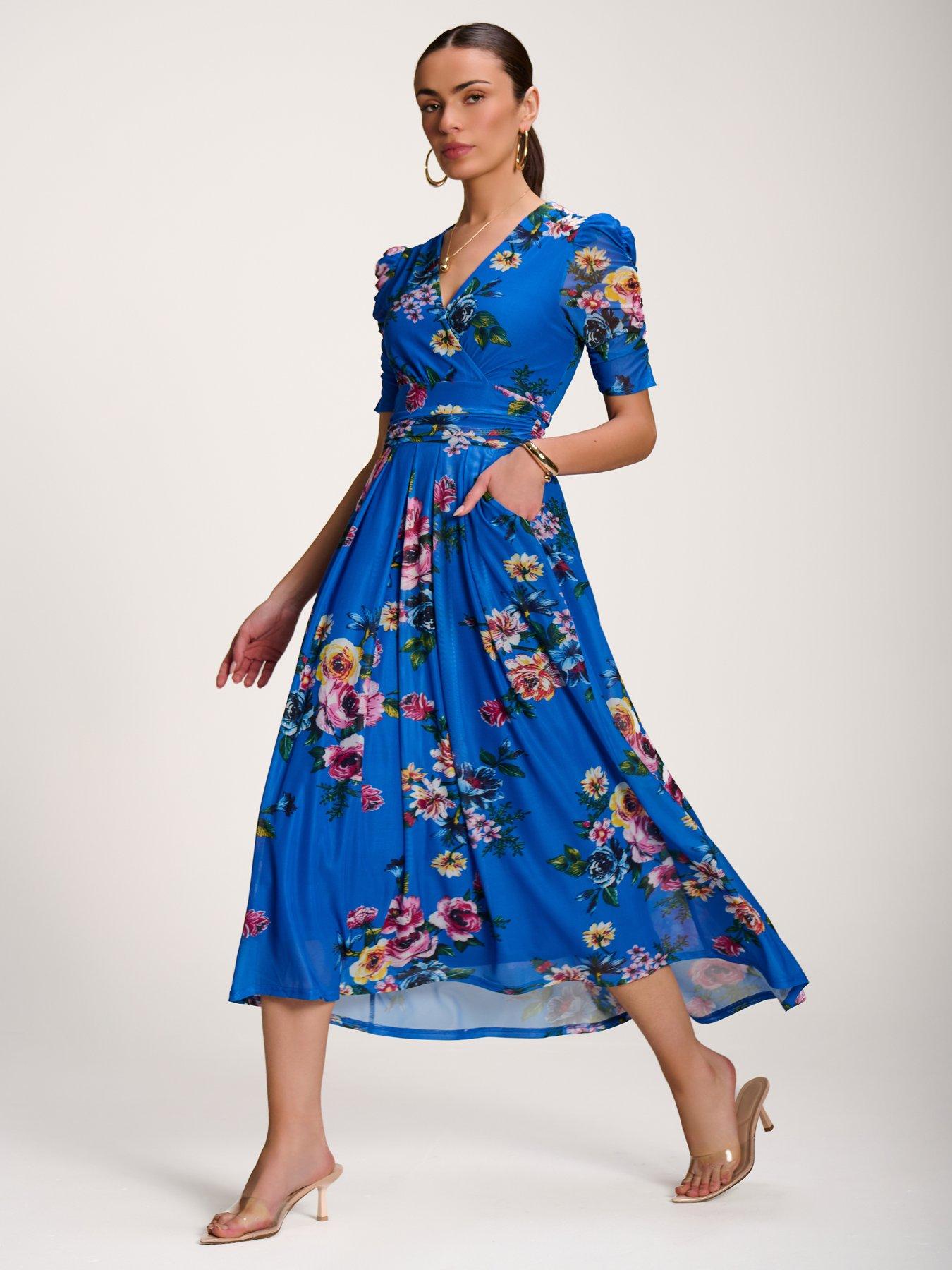 Image 5 of 7 of Jolie Moi Floral Print Mesh Maxi Dress - Blue