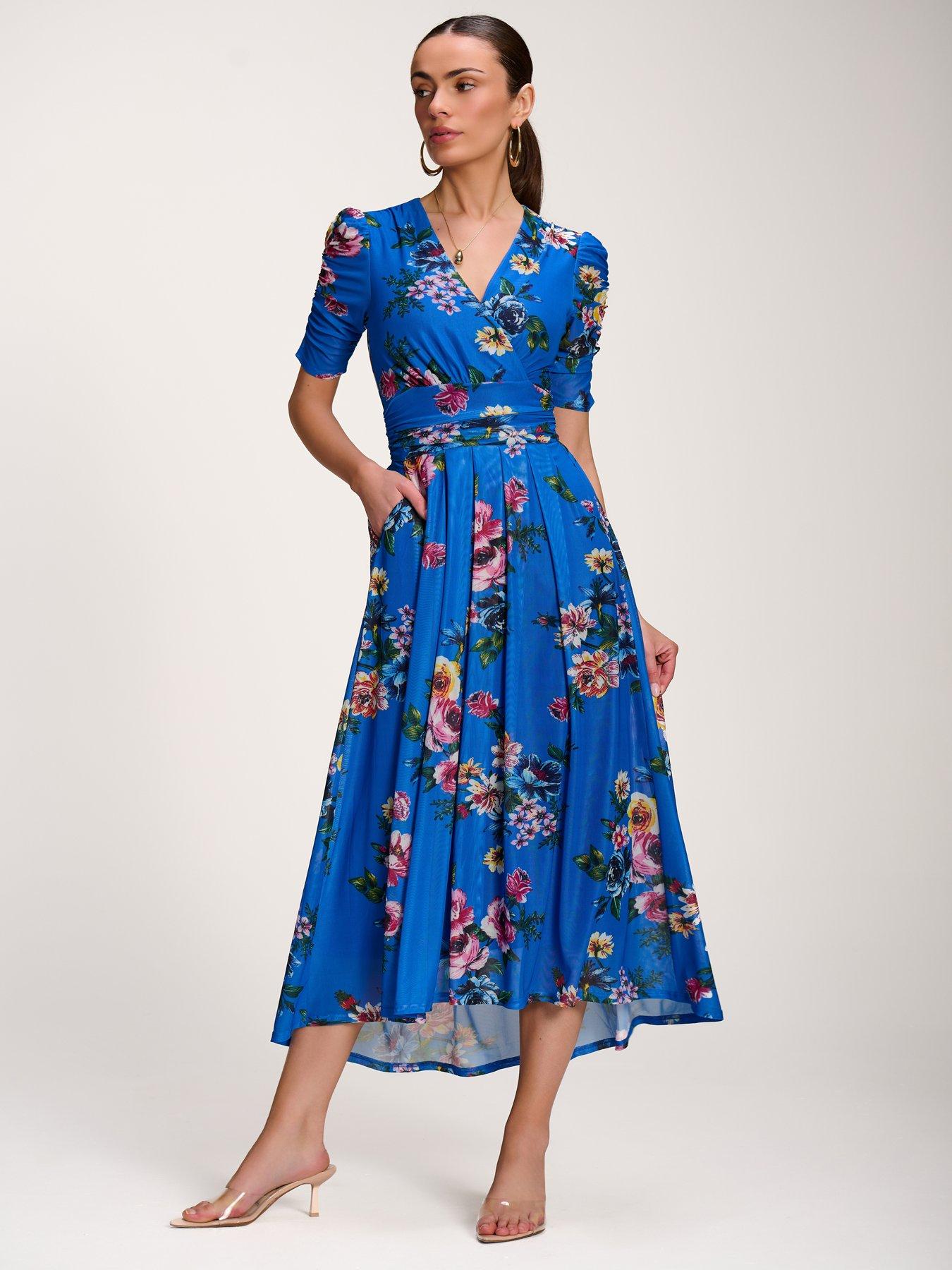 Image 6 of 7 of Jolie Moi Floral Print Mesh Maxi Dress - Blue