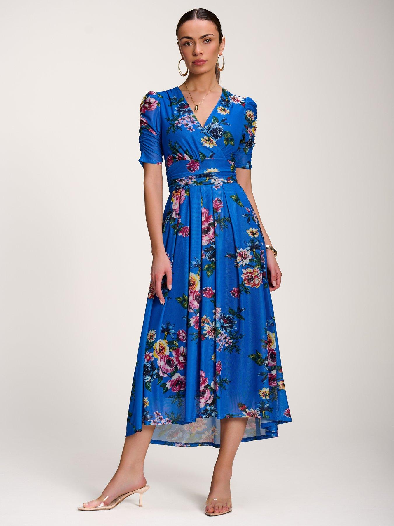 Image 7 of 7 of Jolie Moi Floral Print Mesh Maxi Dress - Blue
