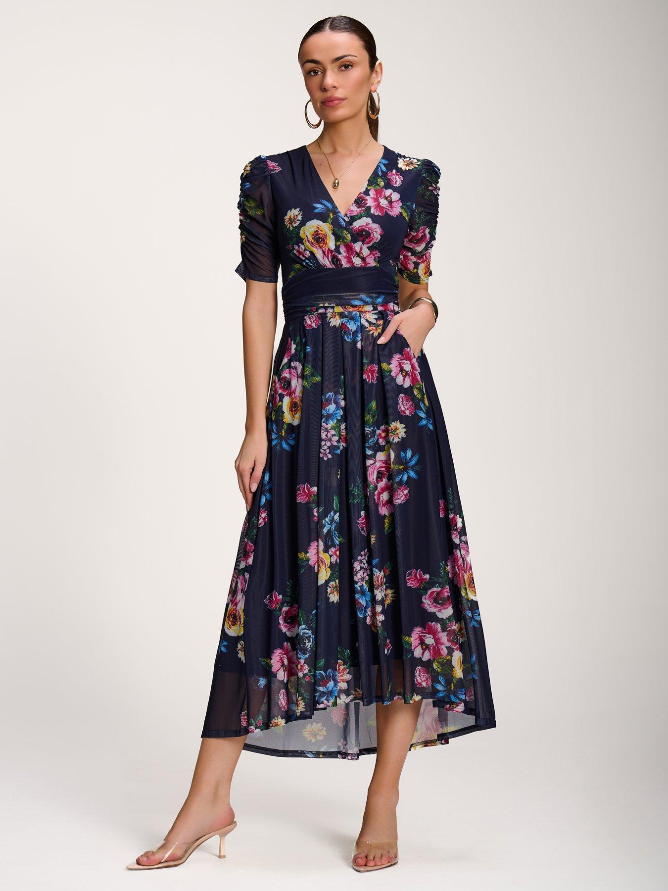 Jolie Moi Floral Print Mesh Maxi Dress - Navy