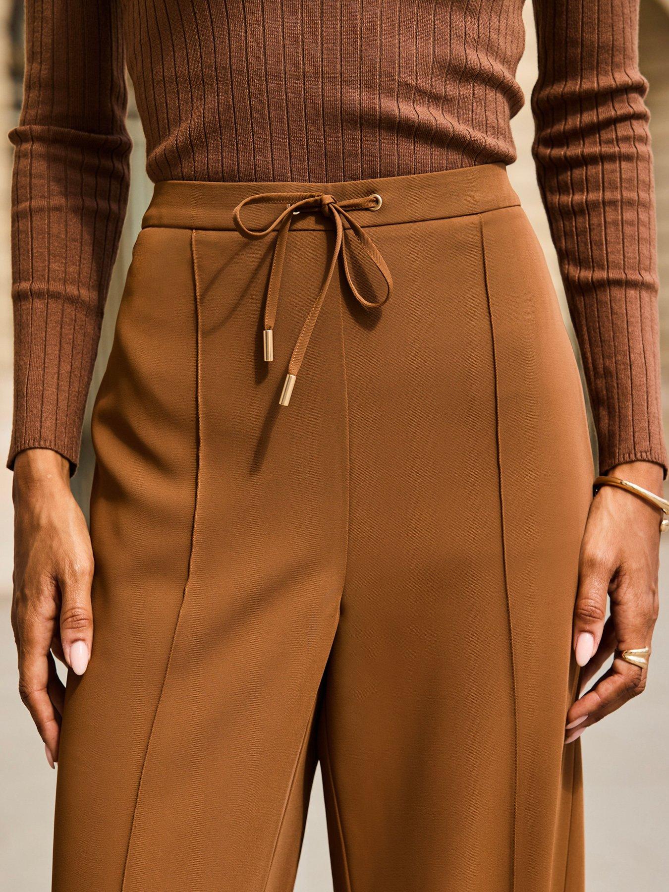 Image 6 of 6 of Sosandar Tan Drawstring Wide Leg Trousers - Brown