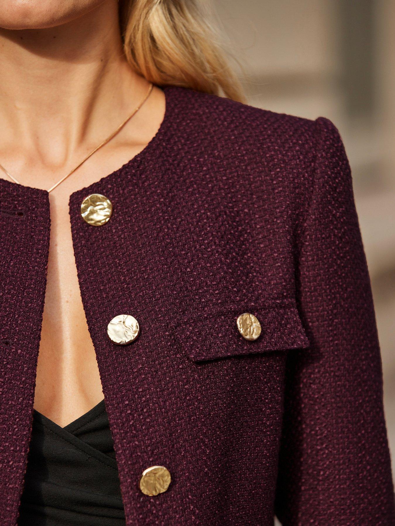 Image 4 of 6 of Sosandar Boucle Collarless Jacket - Burgundy